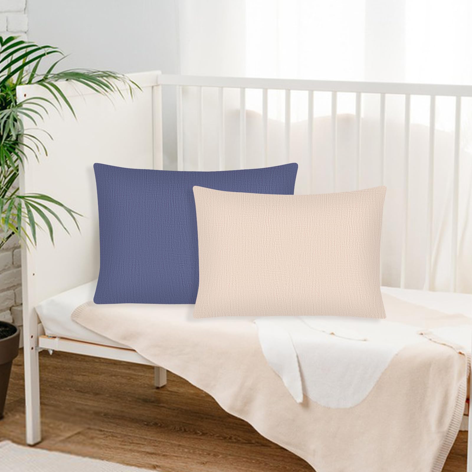 Winmany Toddler Muslin Pillowcases - Soft Cotton Baby Pillow Covers for Travel & Nursery (Navy Blue+Khaki)