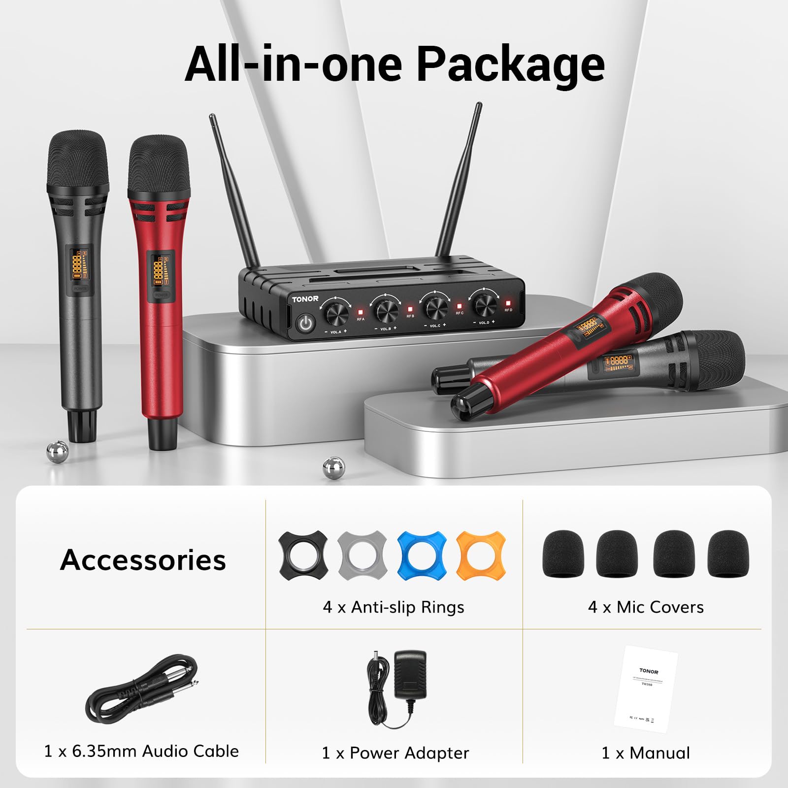 TONOR Wireless Microphone System - 4 Handheld Mics with 10 UHF Channels, 200ft Range, Stable Signal for Karaoke, Parties, Church, Wedding & PA Speakers | Ideal for Live Performances, Events & Home Entertainment