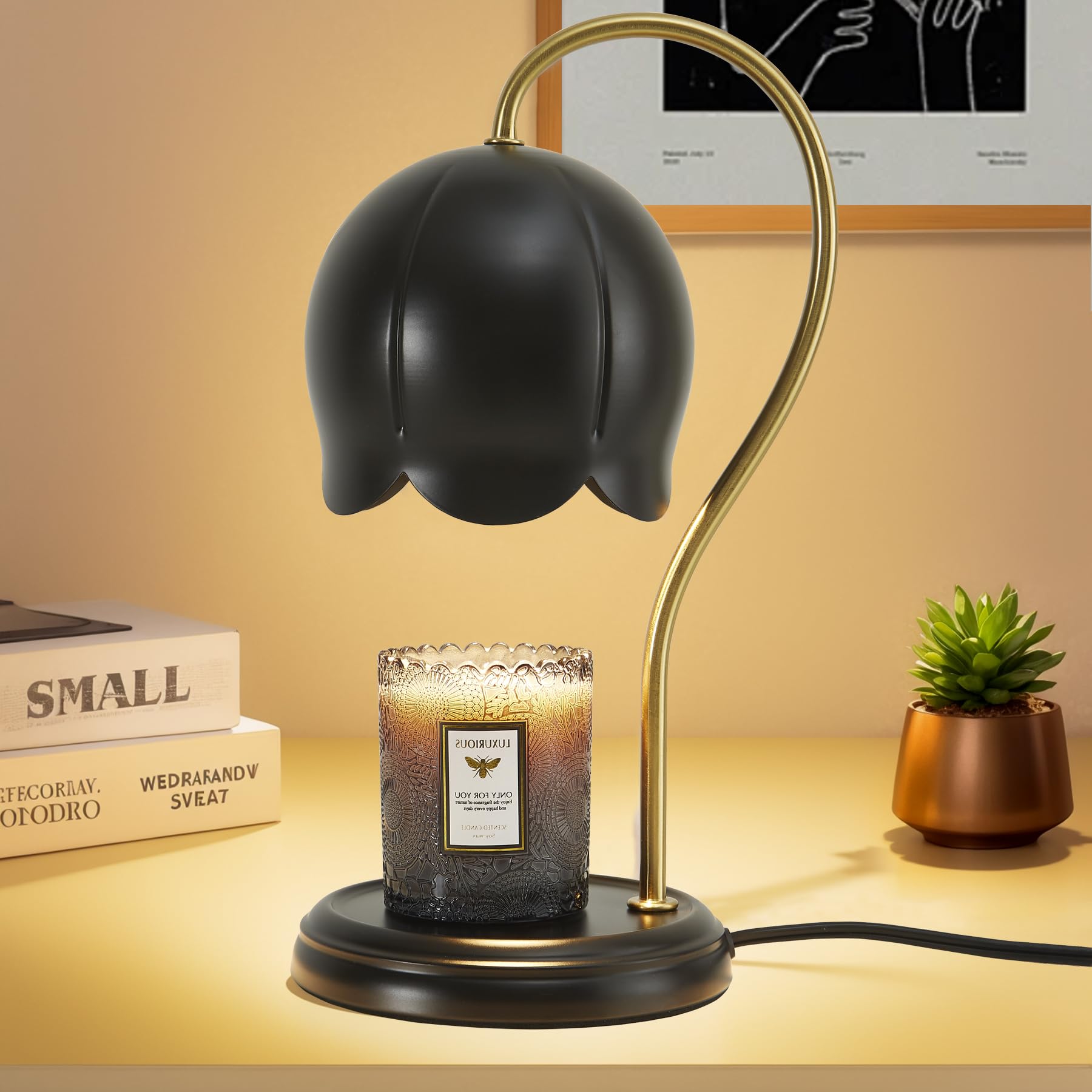 Black Gold Flower Candle Warmer Lamp with Timer & Dimmable Light - Elegant Home Office Decor, Scented Wax Melter for Bedroom - Perfect Christmas Birthday Gift for Women & Men - Large Tabletop Candle Burner for Relaxation, Aromatherapy & Romantic Ambiance
