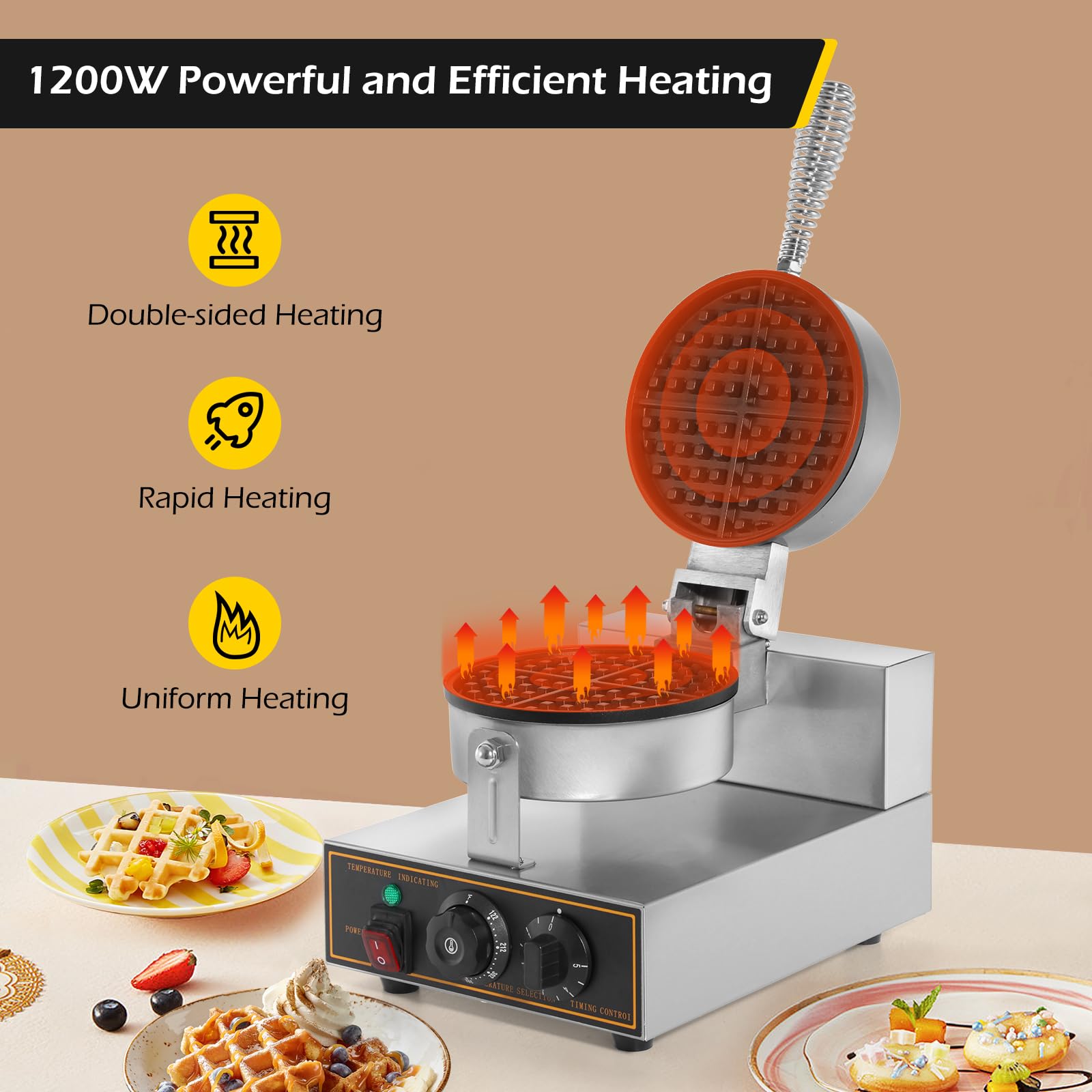Dyna-Living Commercial Waffle Maker Machine 1200W - Round Stainless Steel Non-Stick Waffle Iron for Restaurants, Cafes & Breakfast Shops - Perfect for Belgian Waffles, Pancakes & Quick Breakfast Service (110V)