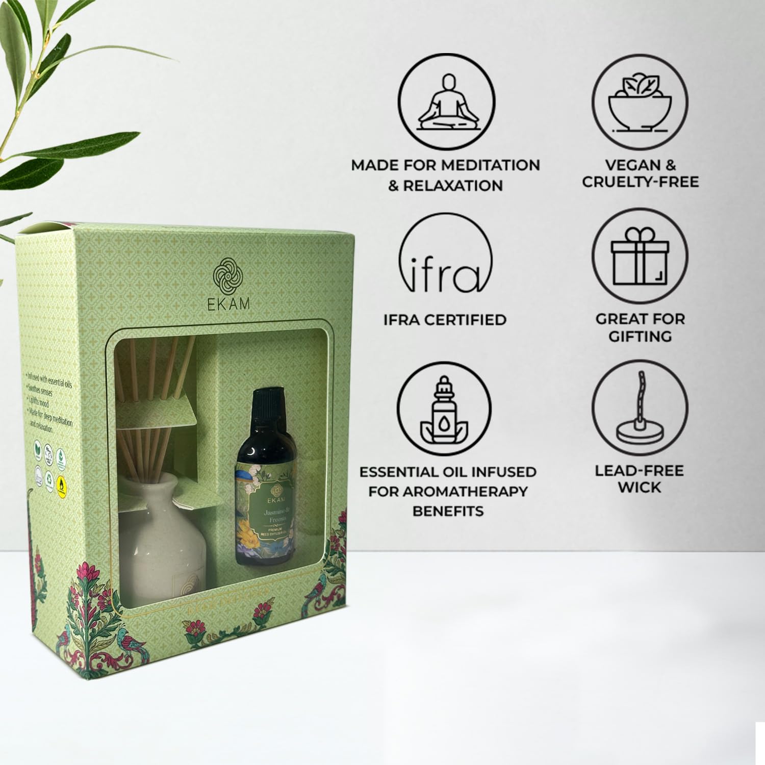 EKAM 50ml Reed Diffuser Set - Jasmine & Freesia Scented Oil with 8 Rattan Sticks | Long-Lasting Home Fragrance for Bedroom, Living Room, Office | Perfect for Relaxation, Aromatherapy & Holiday Gifting