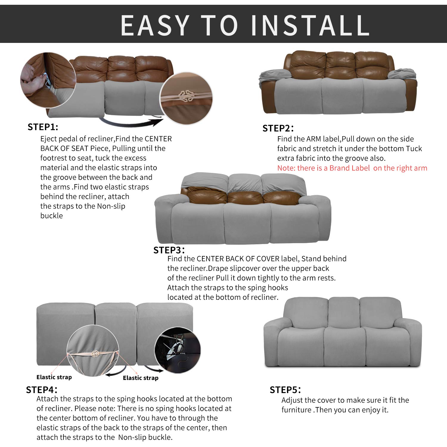 8-Piece Stretch Recliner Sofa Slipcover Set - Soft Spandex Jacquard Fabric with Elastic Bottom - Light Gray Checkered Pattern - Furniture Protector for Kids & Pets - Perfect for Living Room, Family Room, and Home Theater Use