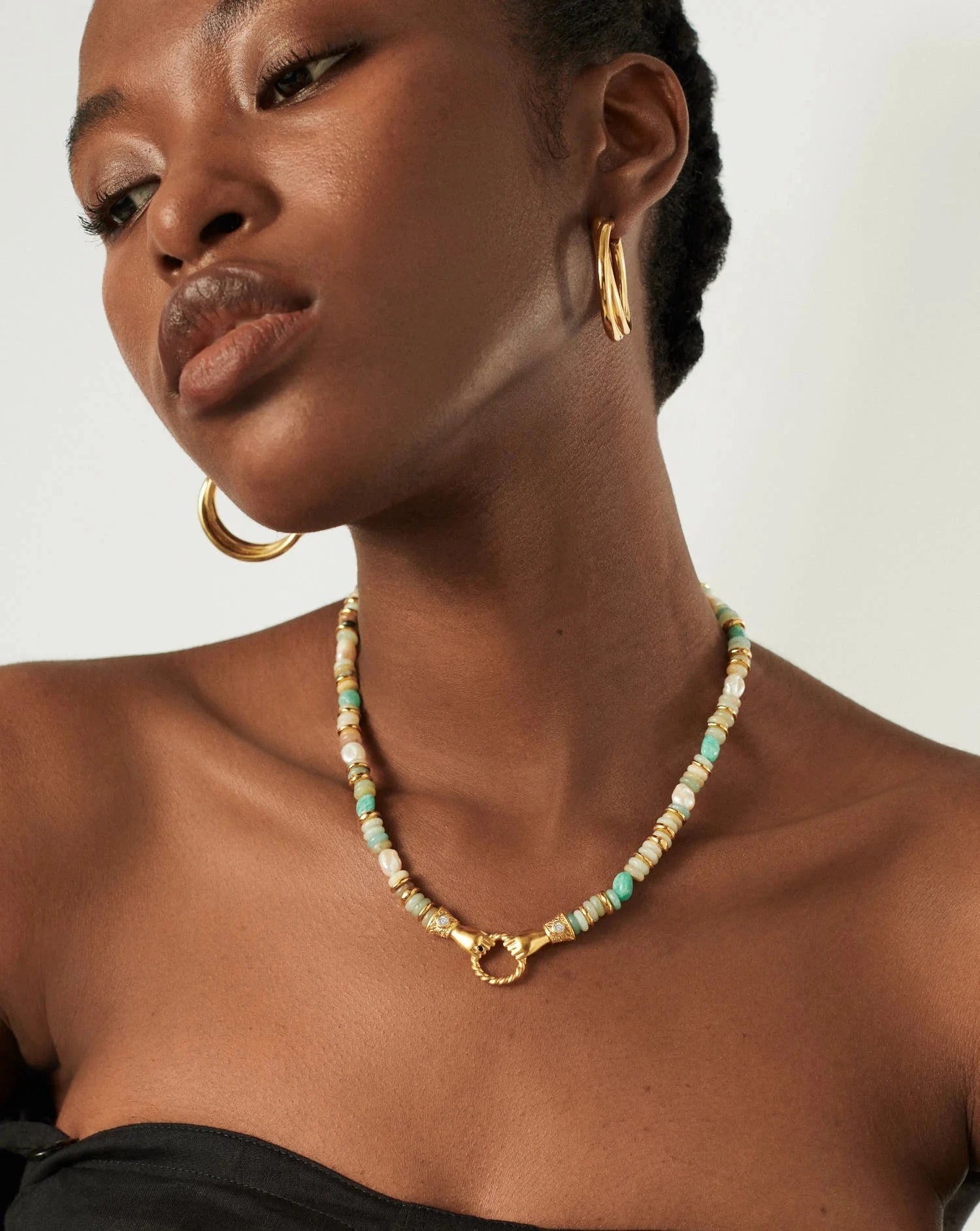 Harris Reed Chunky Beaded Gemstone Necklace - 18k Gold Plated Amazonite & Pearl Jewelry for Women | Perfect for Parties, Weddings & Special Occasions