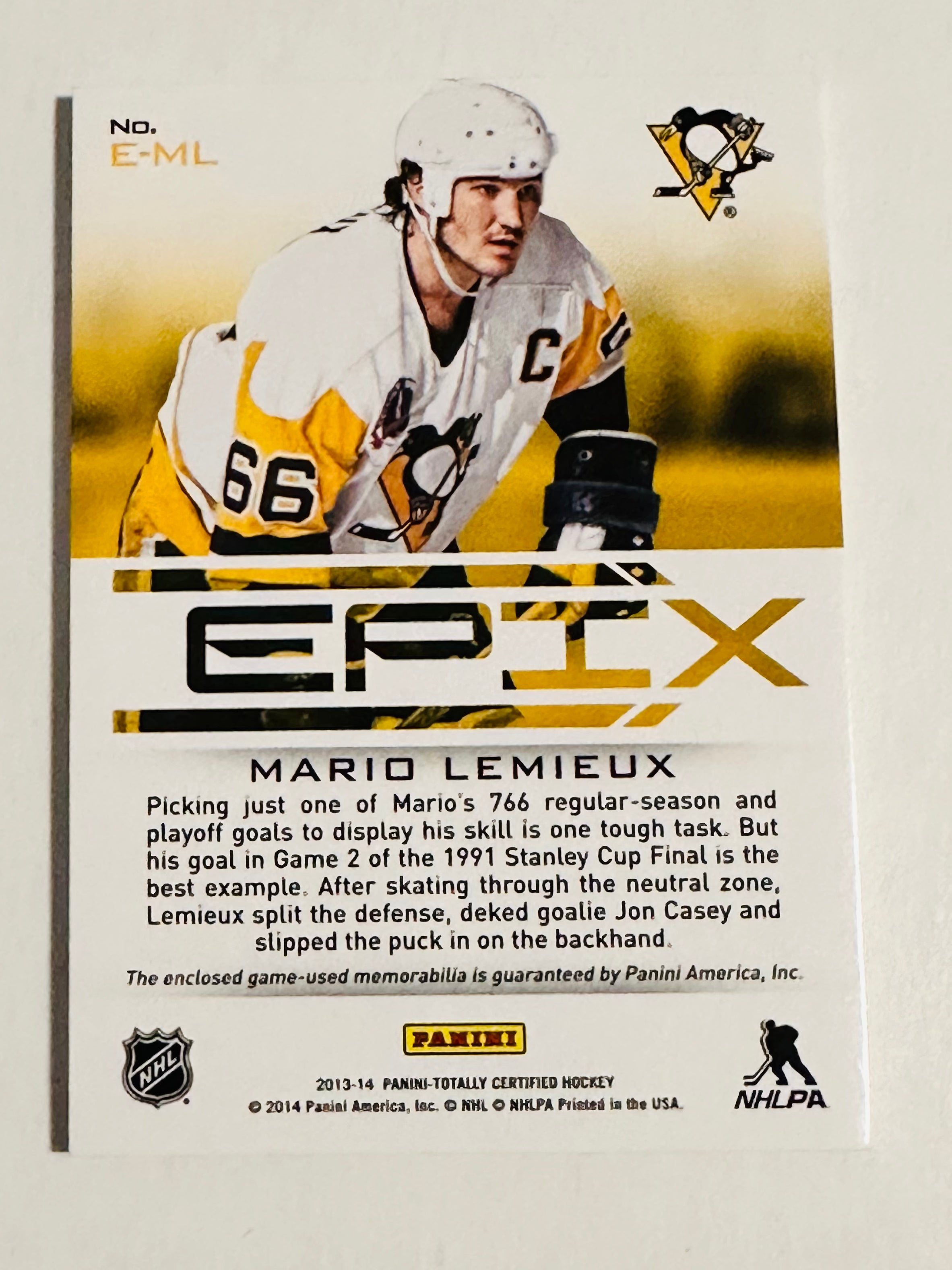 Rare Mario Lemieux 2013/14 Epix Memorabilia Hockey Card - Limited Edition Collectible for NHL Fans & Sports Memorabilia Enthusiasts - Perfect for Display, Trading, and Investment
