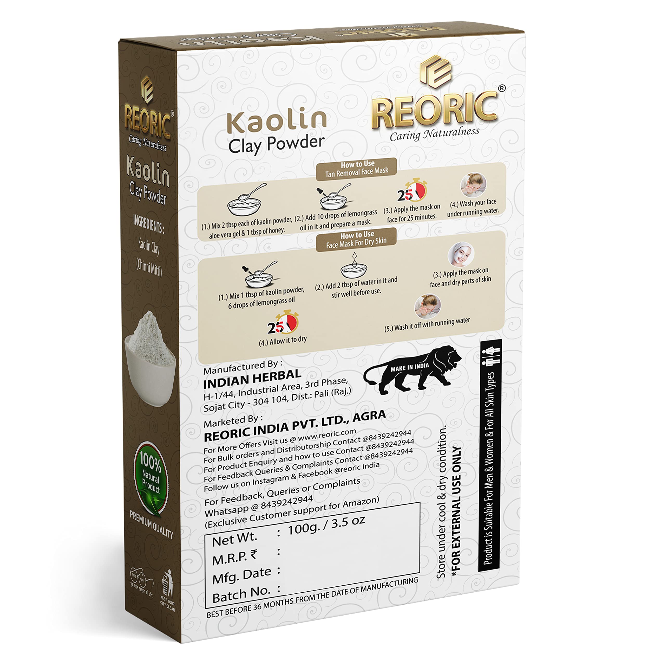 Premium Kaolin Clay Powder for Skin Whitening & Brightening - 100% Natural Chini Mitti for Face Masks & Packs - Deep Cleansing & Pore Minimizing (100g, Pack of 1) - Perfect for Spa Days & At-Home Skincare Routines