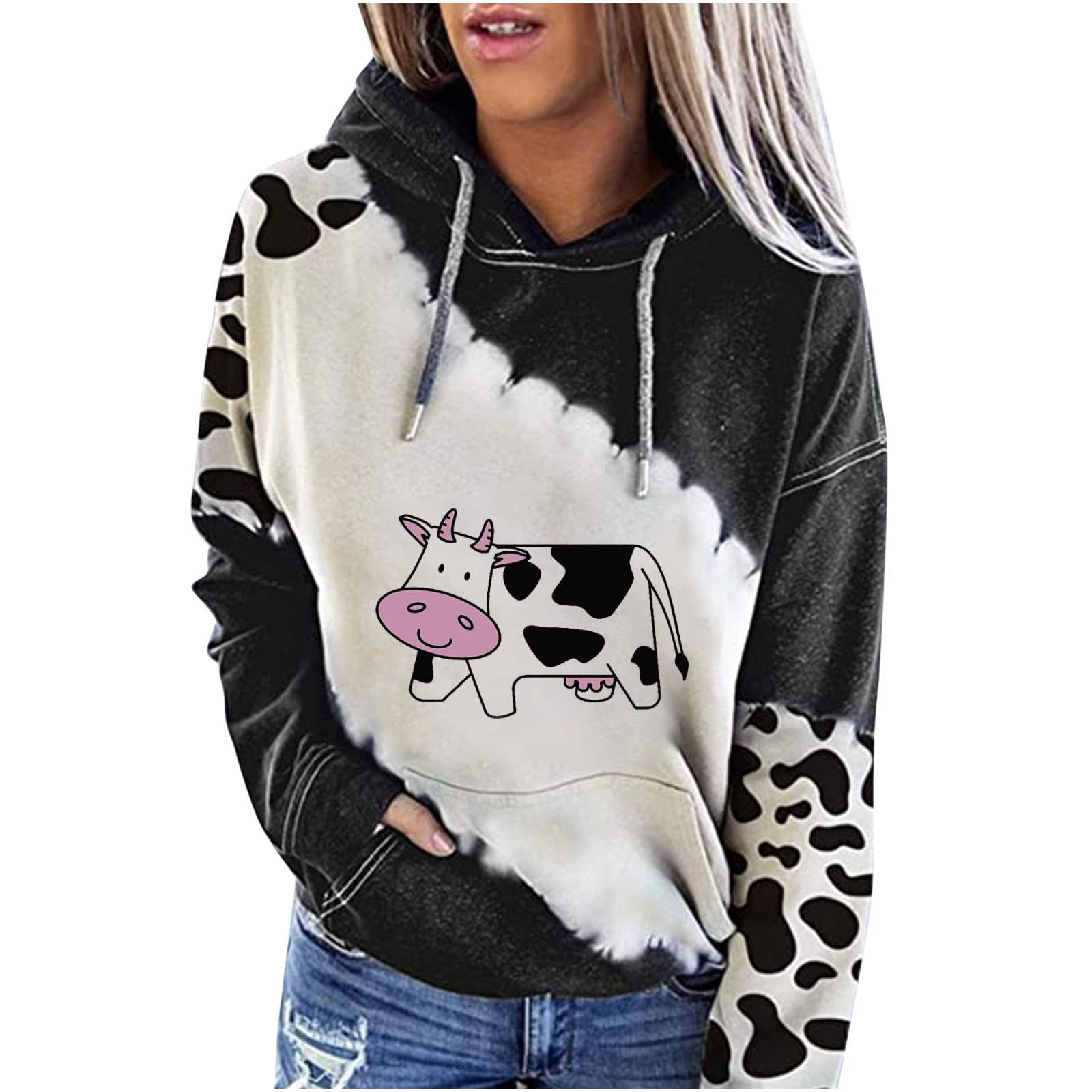 Women's Cow Print Hoodie - Cute Milk Cow Graphic Long Sleeve Pullover Sweatshirt | Casual Loungewear, Streetwear Fashion & Cozy Outfit for Everyday Wear