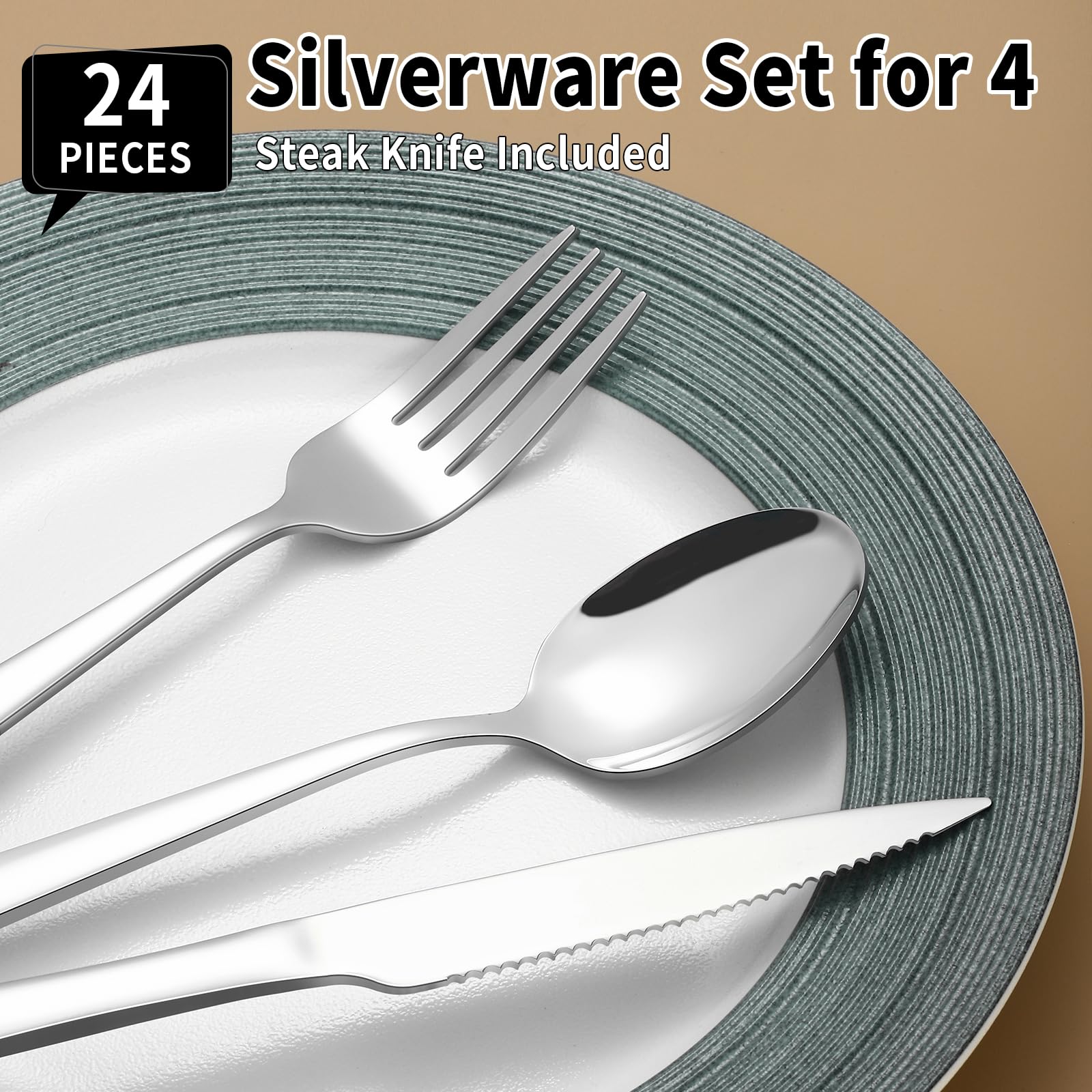 24-Piece Stainless Steel Silverware Set for 4 - Premium Mirror Polished Flatware Set with Steak Knives, Forks & Spoons | Food-Grade Dishwasher Safe Cutlery | Perfect for Dinner Parties, Restaurants & Everyday Dining
