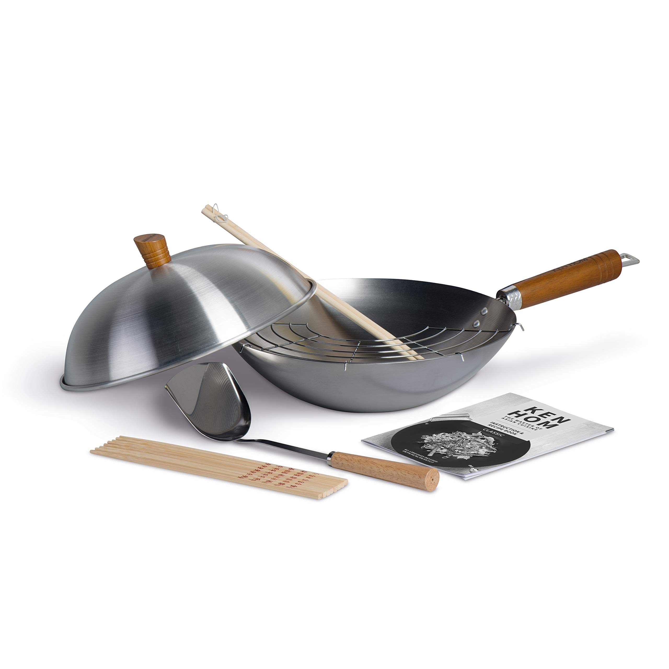 Ken Hom 10-Piece Carbon Steel Wok Set - 31cm Traditional Chinese Stir Fry Pan with Wooden Handle, Flat Base, Non-Induction, Dishwasher Not Recommended - Perfect for Home Cooking, Stir Frying, Deep Frying & Asian Cuisine