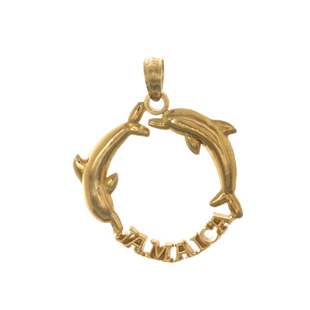 14K Yellow Gold Jamaica Travel Charm Pendant with Jumping Dolphins - Perfect for Vacation Jewelry, Beach Trips & Souvenirs