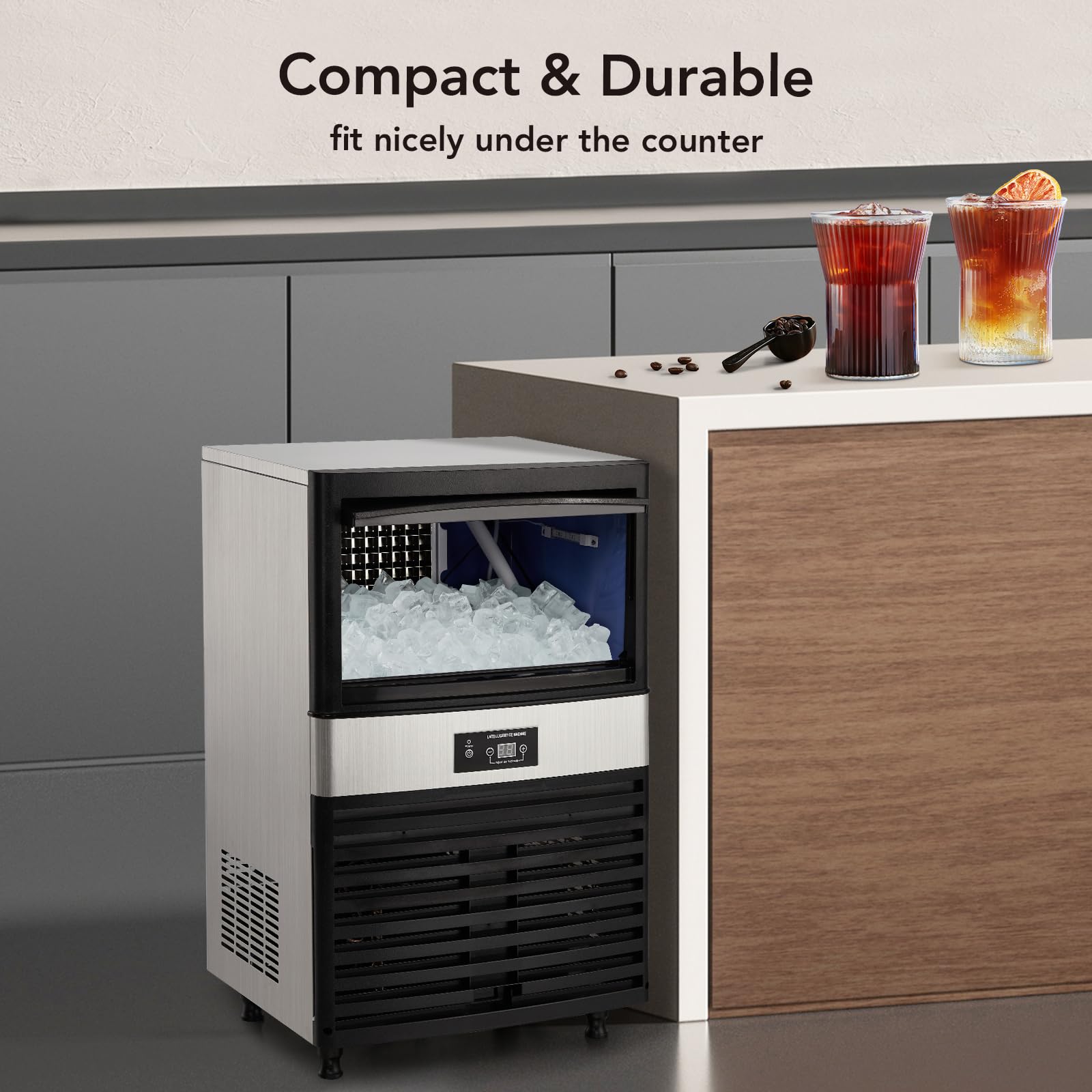 Commercial Ice Maker 110LBS/24H, Under Counter Ice Machine with 30LBS Storage Bin - 40 Cubes per Cycle, Self-Cleaning, Freestanding Ice Maker for Home, Bar, Coffee Shop, Restaurant & Office Use - Perfect for Cocktails, Beverages & Food Display
