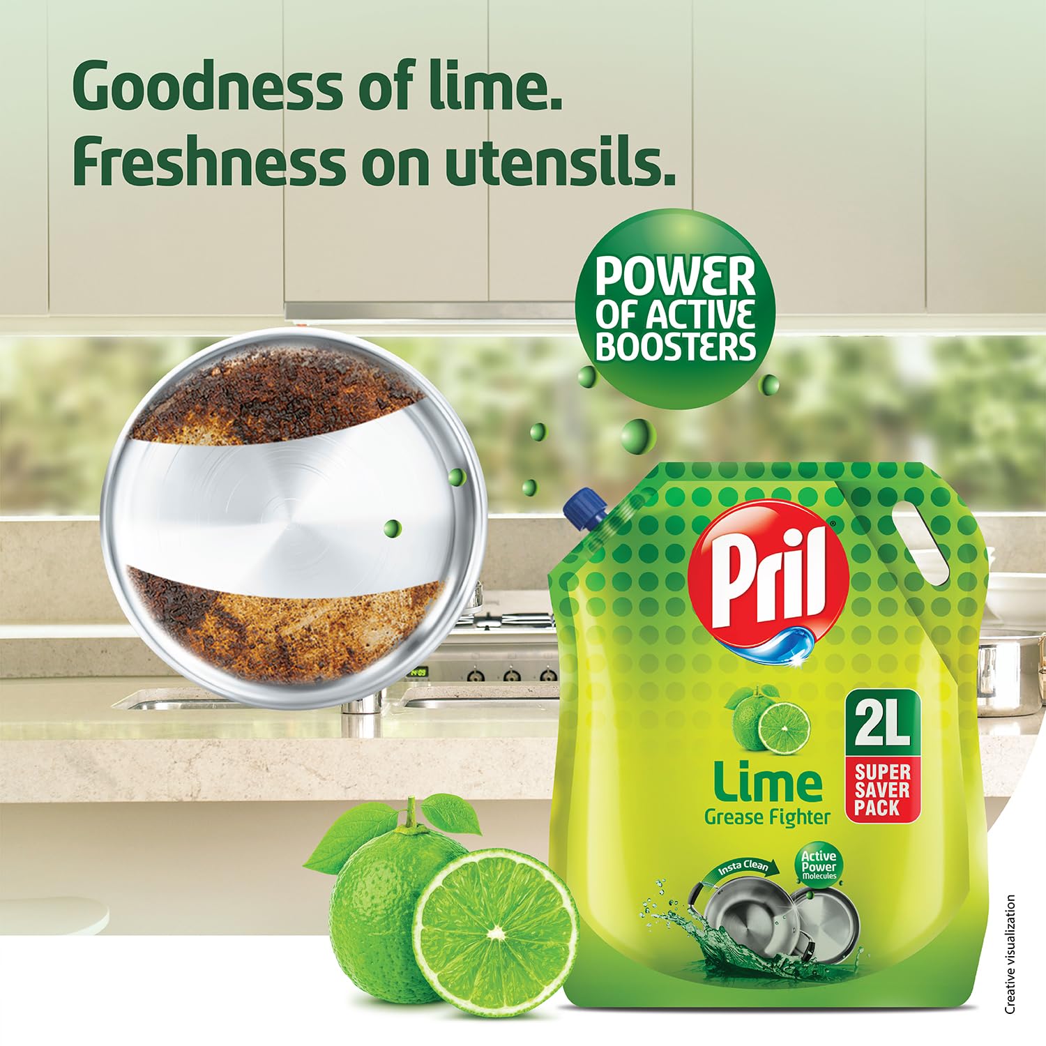 Pril Lime Liquid Dishwashing Gel - 2 Liter Pouch | Powerful Grease Cutting Dish Soap with German Technology | No Residue Formula for Pots, Pans & All Kitchen Utensils | Perfect for Daily Dishwashing & Tough Grease Removal