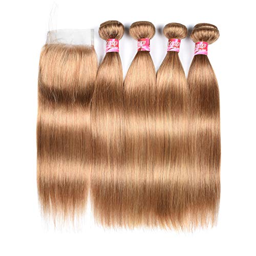XCCOCO 4 Bundles Peruvian Silk Straight Human Hair with 4x4 Lace Closure - 8A Virgin Remy Hair in Honey Blonde 27# (10/12/14/16+10inch) for Sew-in Weave & Natural Hairstyles - Perfect for Holidays, Parties & Daily Wear