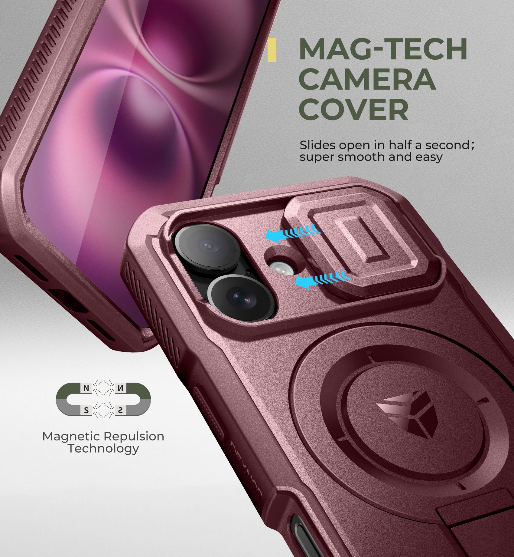 Dexnor Heavy Duty Shockproof Red Case for iPhone 16 with Slide Camera Cover, MagSafe Compatible, Built-in Screen Protector & Adjustable Kickstand - Perfect for Outdoor Adventures, Travel and Daily Protection