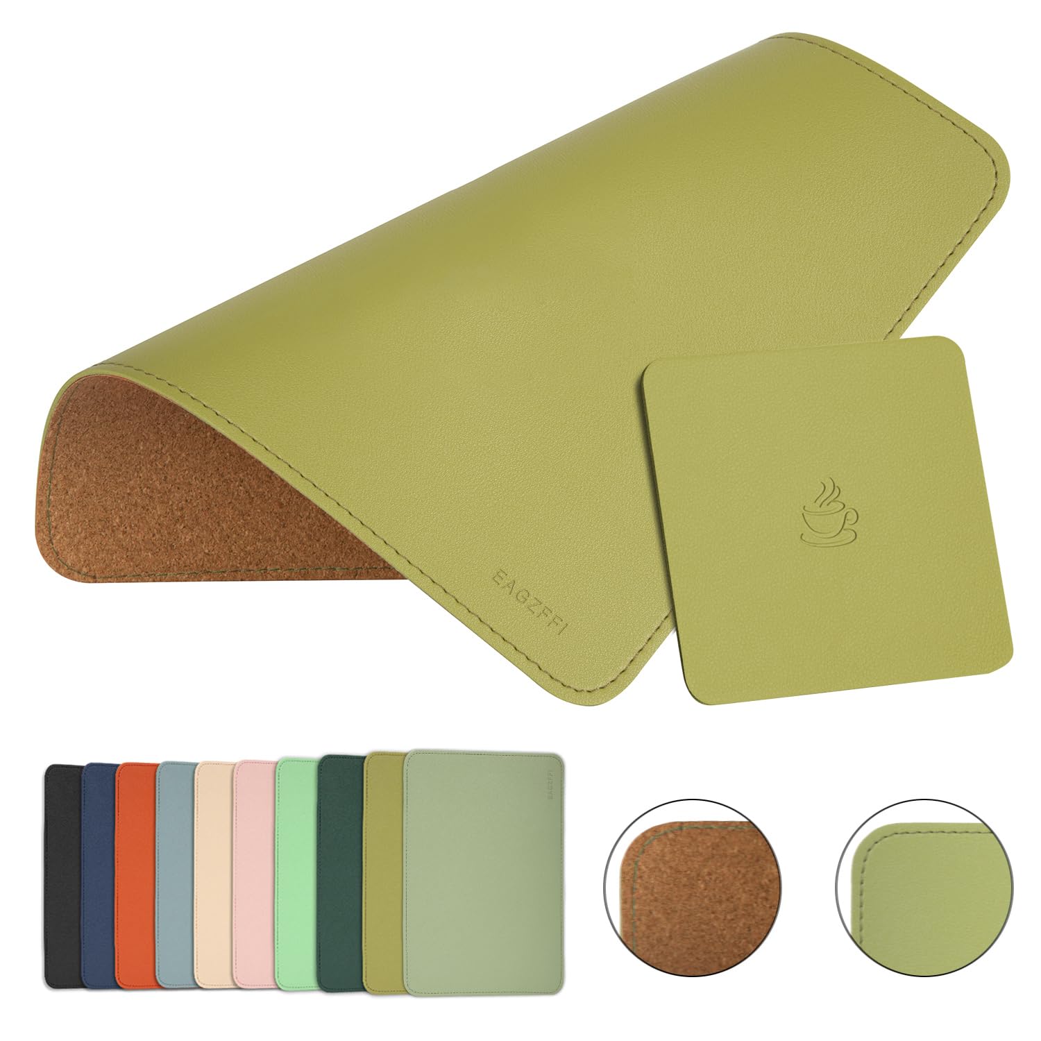 Premium Leather & Wood Double-Sided Mouse Pad with Stitched Edges - Non-Slip Desk Mat for Laptop, Office & Home Use - Includes Coaster - 8x11 Inch (Olive Green) - Perfect for Workstations, Gaming Setups & Ergonomic Workspaces