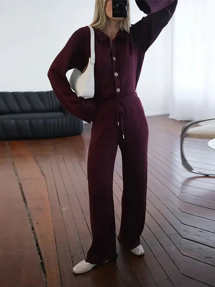 Women's Autumn Wine Red Knit Sweater 2-Piece Set with V-Neck Cardigan & High Waist Wide Leg Pants | Casual Fashion Outfit for Work, Dating & Fall Season
