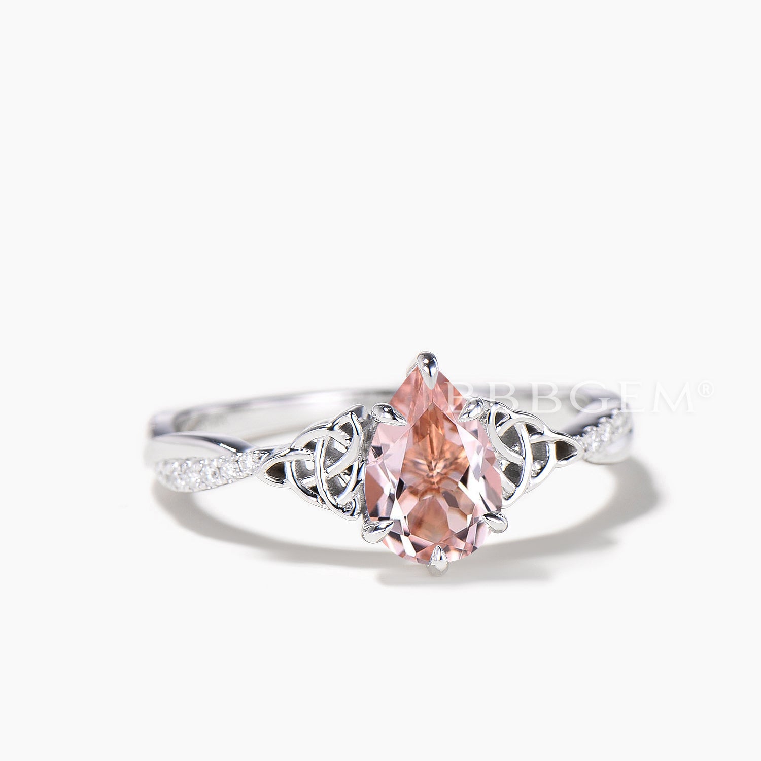 Natural Morganite Teardrop Cut Engagement Ring with Diamond Accents & Celtic Knot Design – Perfect for Weddings, Anniversaries, and Romantic Proposals