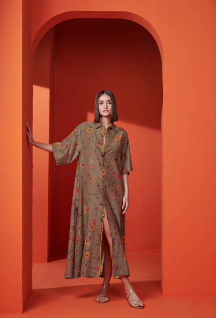 Kasturi Shirt Dress - Women's Muga Satin Olive Green Tunic Top | Perfect for Office Wear, Casual Outings & Special Occasions