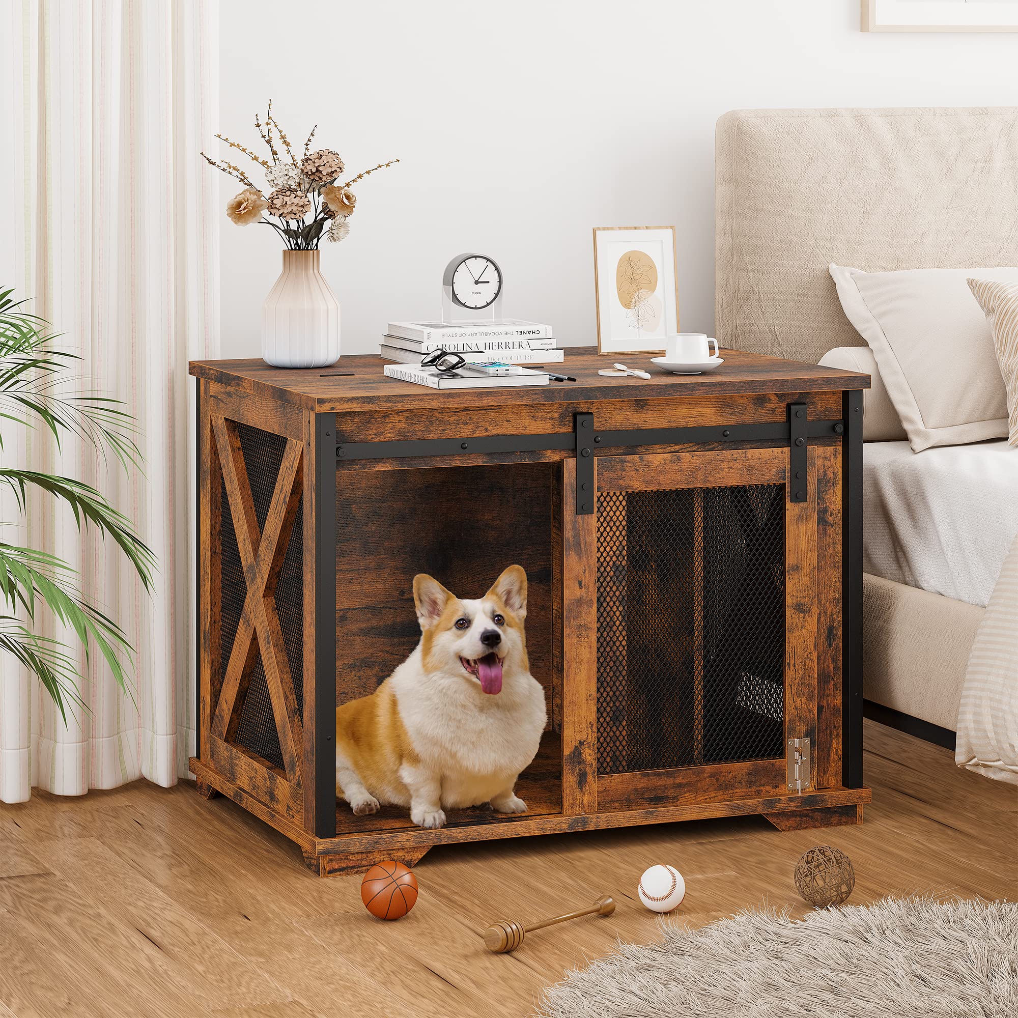 GAOMON Sliding Doors Wooden Dog Crate Furniture with End Table & Flip-Top Plate - Indoor Rustic Brown Pet Kennel for Small to Medium Dogs | Perfect for Living Room, Bedroom & Home Decor