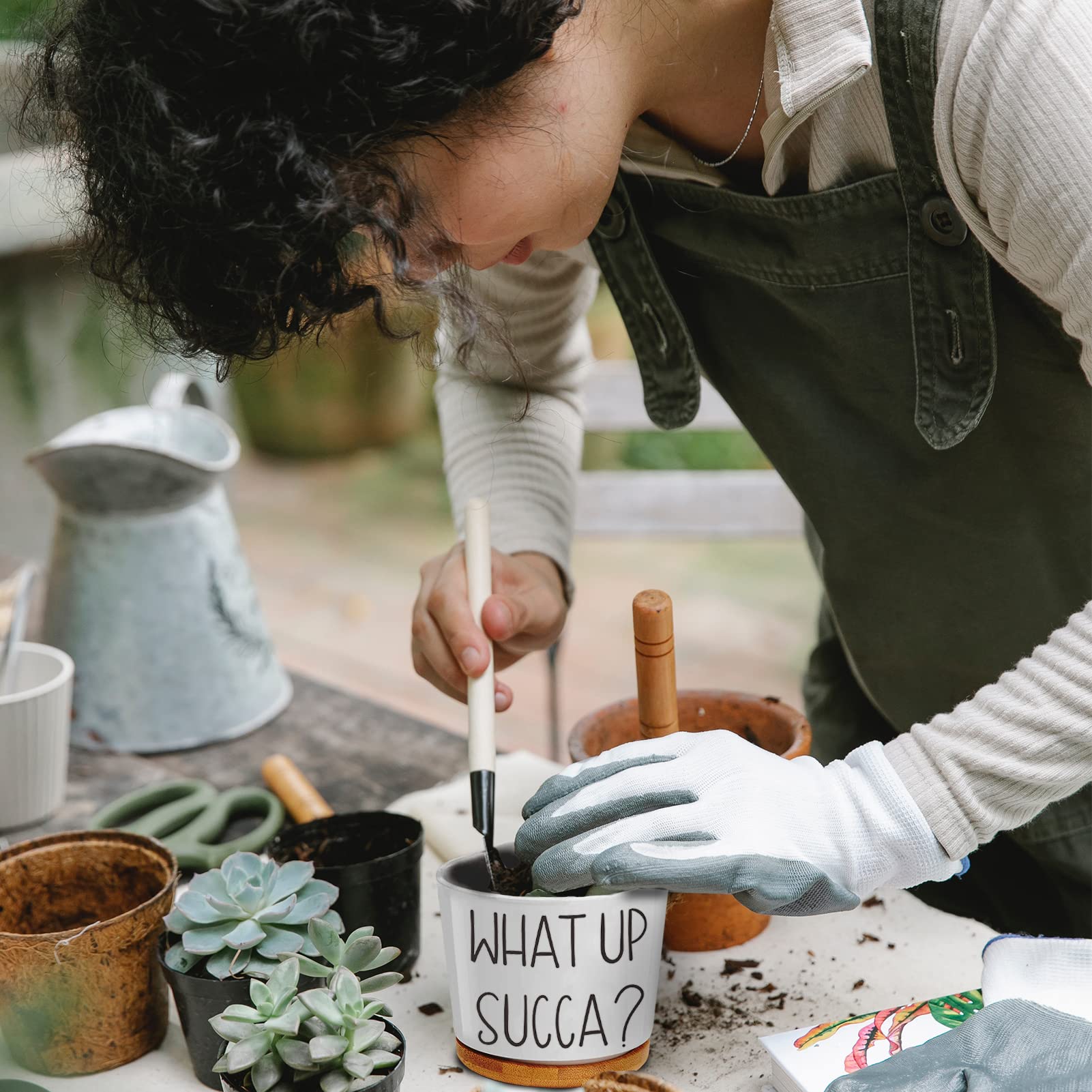3.15 Inch Ceramic Succulent Pots with Drainage Holes & Saucers - Pack of 3 Small Plant Pots with Funny Plant Labels - Unique Gardening Gifts for Women Birthday, Mother's Day, Housewarming - Perfect for Indoor Plants, Office Desk Decor, and Home Gardening