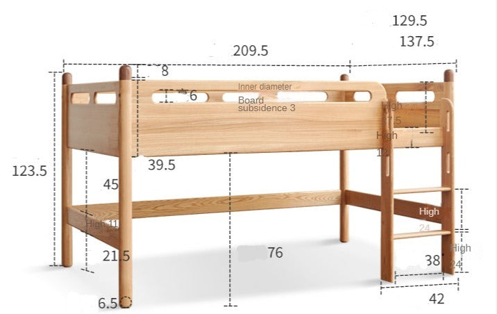 Solid Oak Wood Mid-High Bed with Slanted Ladder - Sturdy Adult Loft Bed for Small Spaces, Dorm Rooms & Modern Apartments