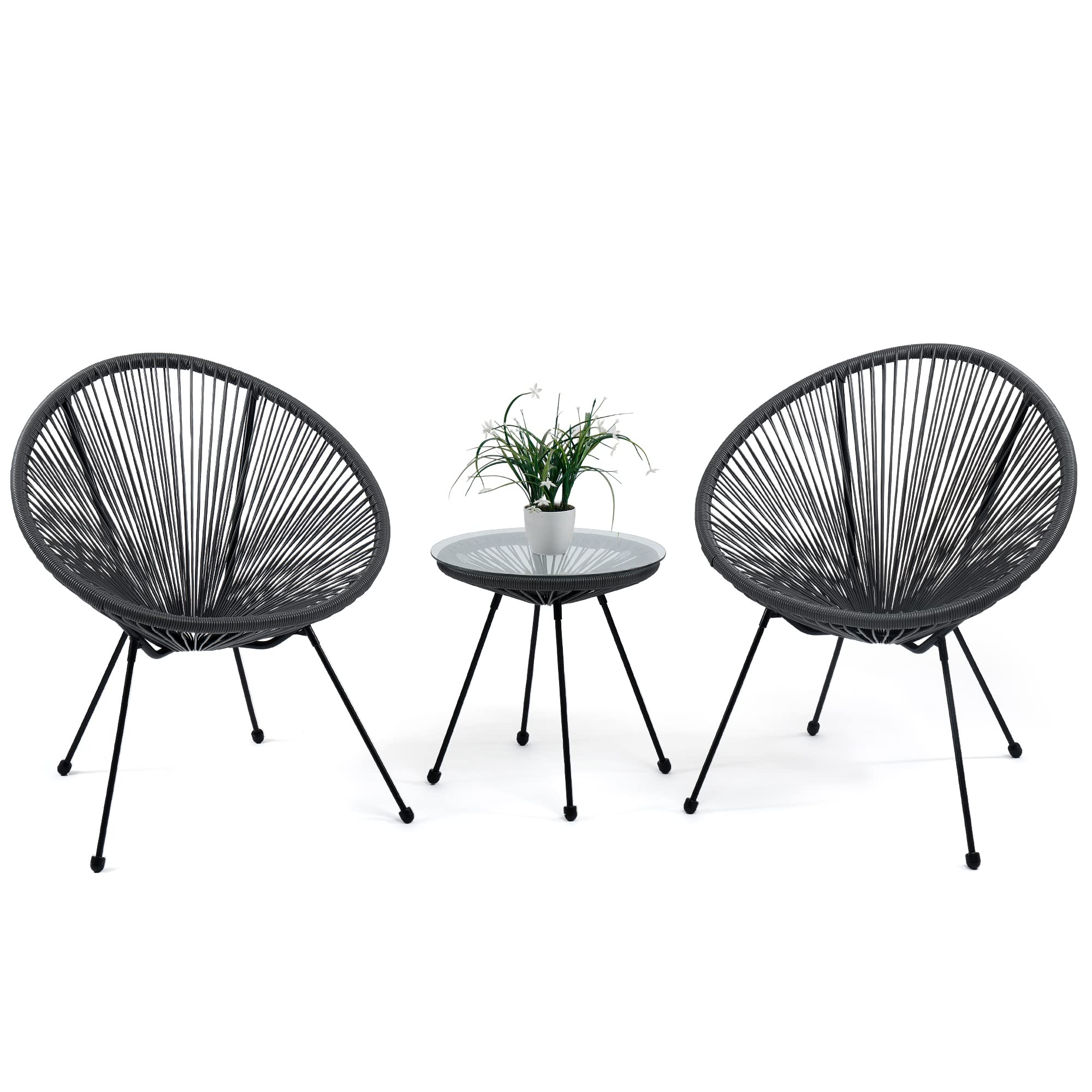 Cozy Castle 3-Piece Acapulco Patio Chair Set with All-Weather Wicker & Cushions, Outdoor Lounge Conversation Bistro Furniture with Glass Top Table - Perfect for Poolside, Garden, Balcony or Patio (Black)