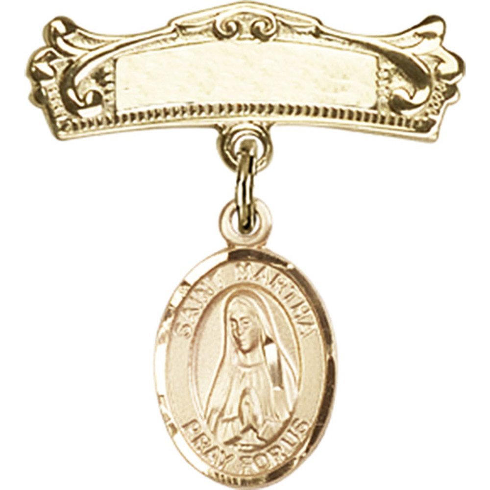 7/8 X 3/4 Inch Gold Filled Baby Badge with St. Martha Charm & Arched Polished Pin - Perfect for Christening Gifts, Baby Showers & Keepsake Jewelry