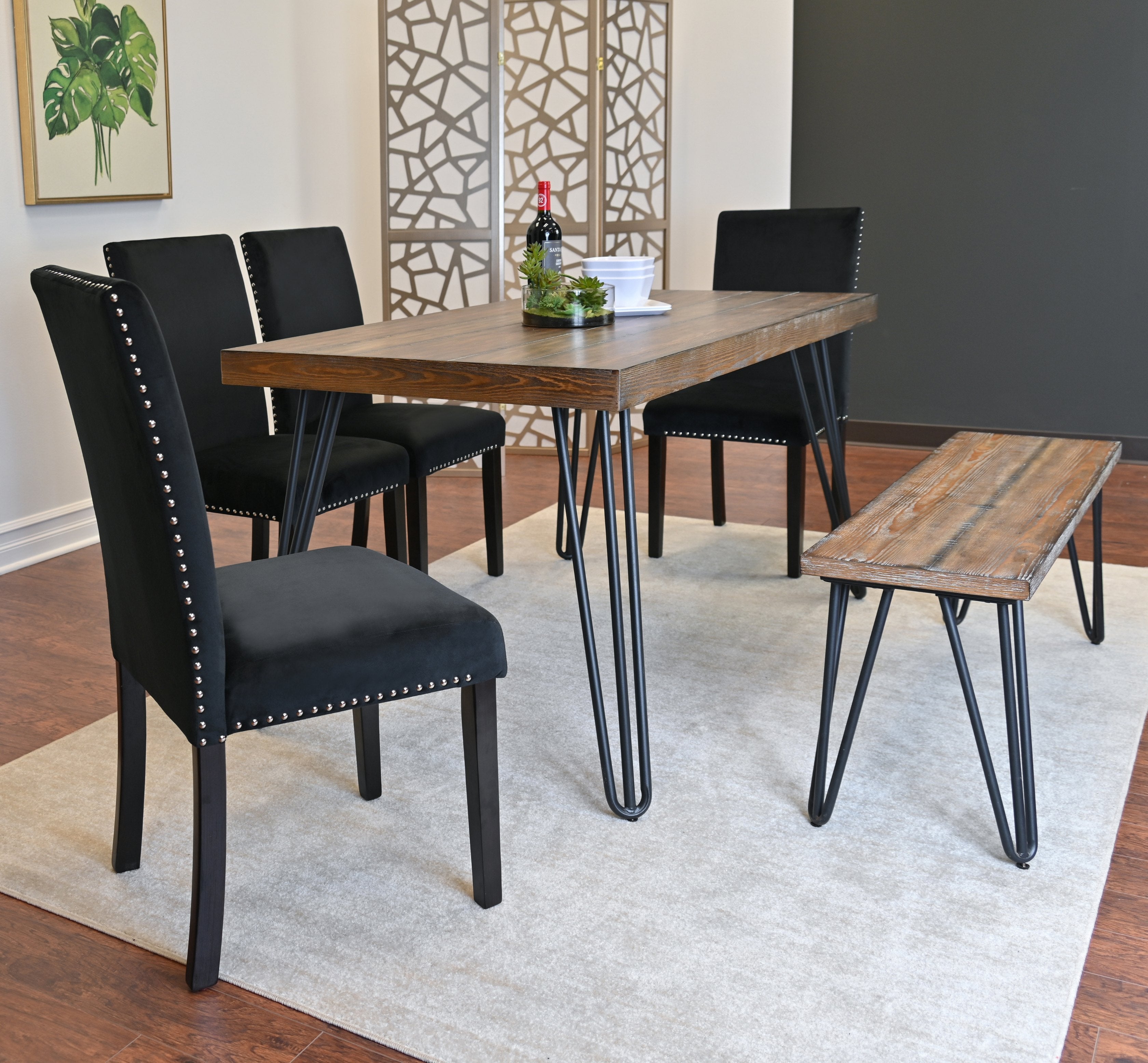 Roundhill Furniture Ashzo 6-Piece Dining Set with Hairpin Leg Table, 4 Chairs & Bench - Modern Kitchen & Dining Room Furniture for Small Spaces | Perfect for Breakfast Nook, Apartment Dining, and Entertaining Guests