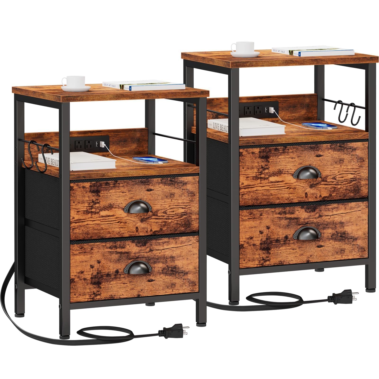 Furologee Nightstand Set of 2 - Rustic Brown Bedside Tables with Charging Station, USB Ports, 2 Fabric Drawers & Storage Shelf - Perfect for Bedroom, Living Room, or Guest Room - Ideal for Organizing Books, Lamps, and Charging Devices