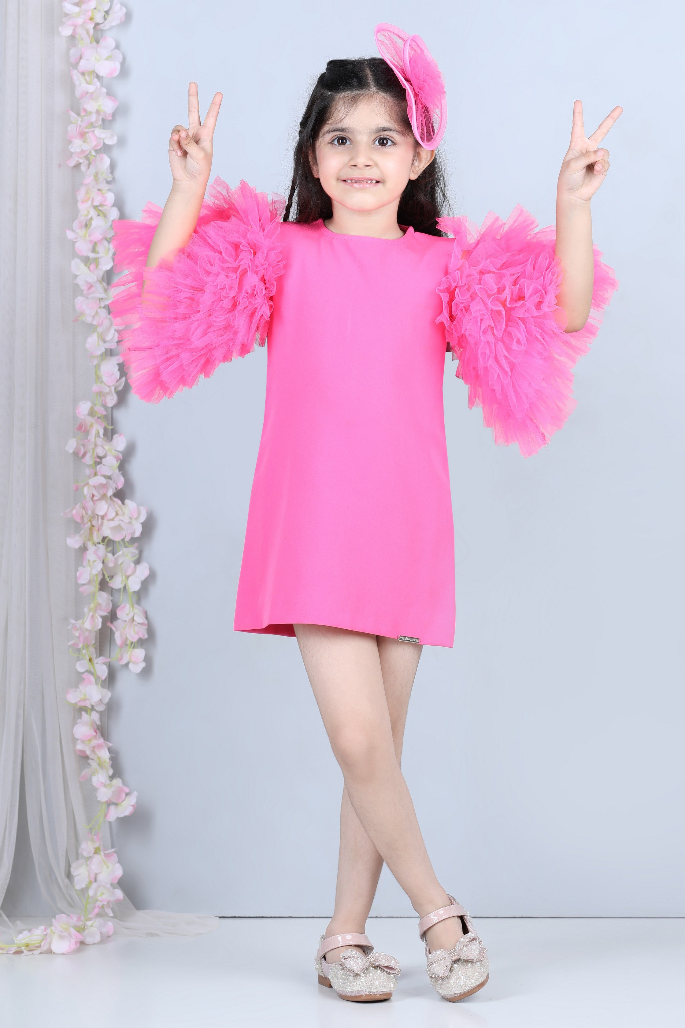 Pre Order: Elegant Pink Short Dress with Tulle Sleeves - Perfect for Parties, Weddings & Special Occasions