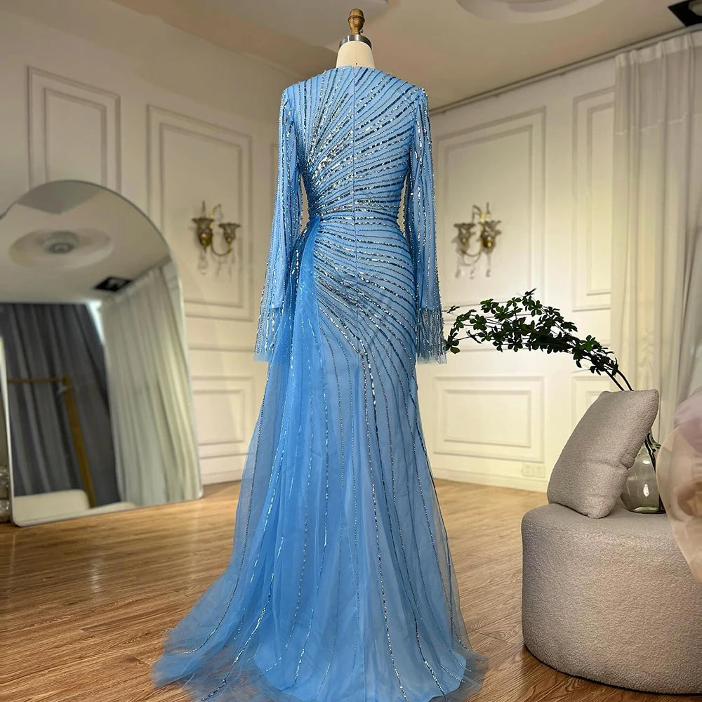 Luxury Dubai Arabic Elegant Blue Beaded Saudi Evening Gown for Women - Formal Occasion Abaya Dress LA72822 | Perfect for Weddings, Galas & Special Events