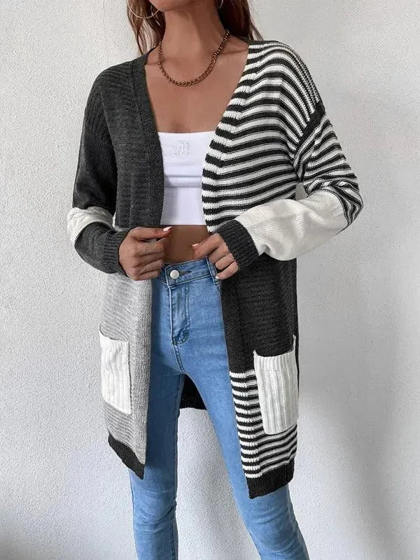 Women's Striped Patchwork Cardigan Sweater - Cozy Knit Pullover for Casual Outfits & Fall Layering