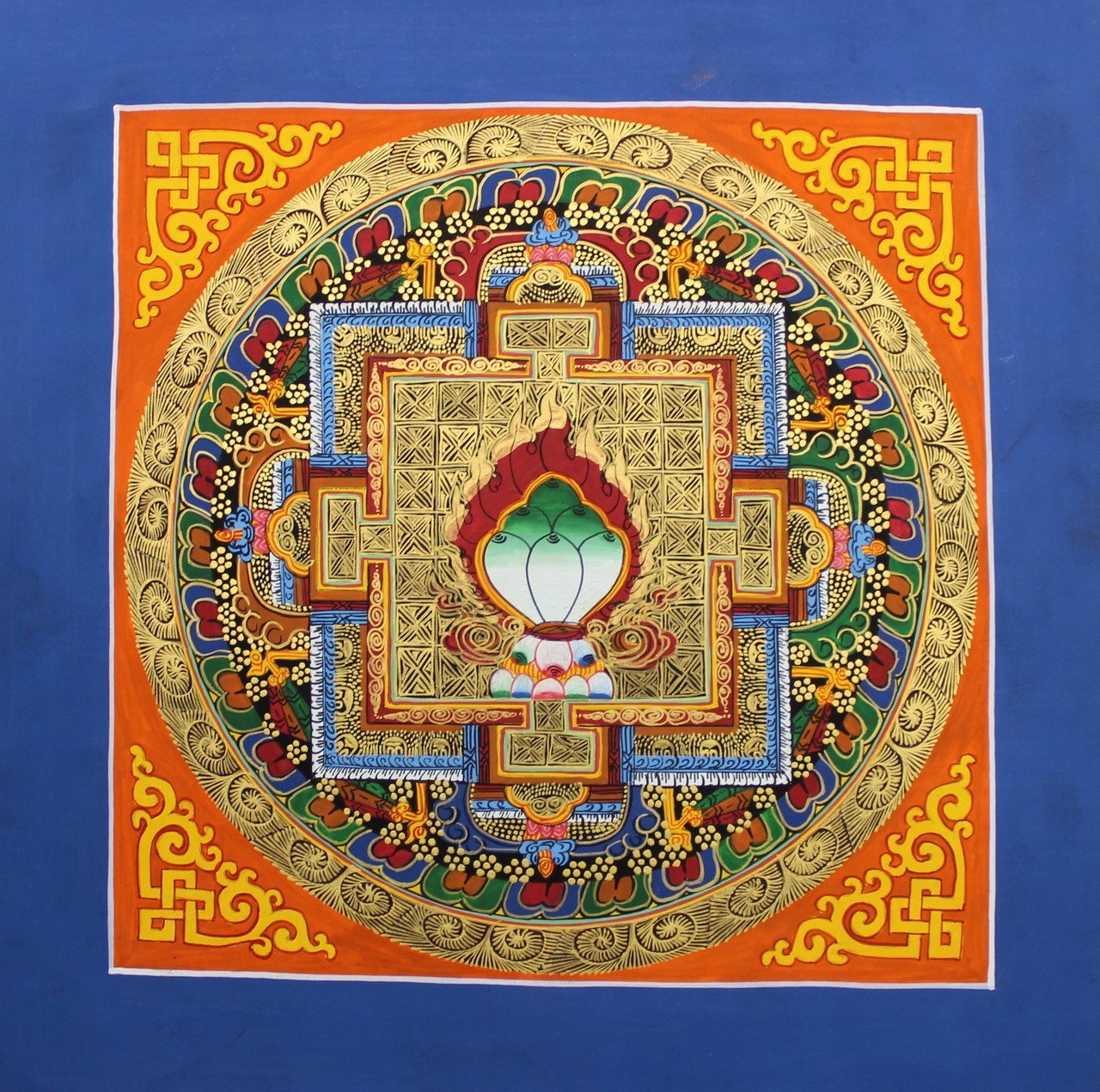 Green Jewel Mandala Thangka Wall Art - Handmade Tibetan Buddhist Decor for Meditation & Yoga Spaces