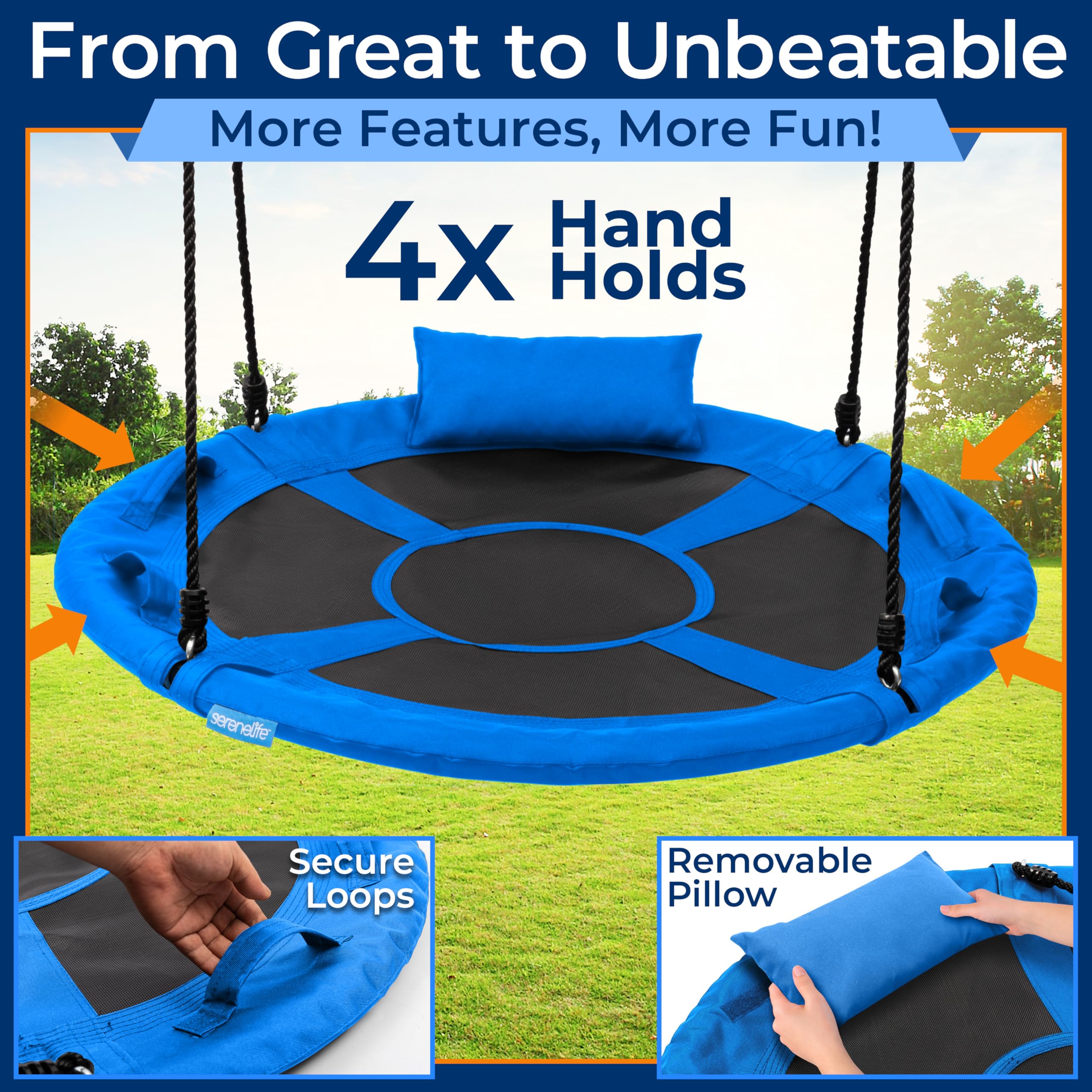 SereneLife 40 Inch Outdoor Saucer Swing with Universal Hanging Kit - Heavy Duty 700 lbs Capacity, Weatherproof & Water-Resistant Spinner Swing Seat with Pillow & Carry Bag - Perfect for Backyard, Garden, Playground & Kids Outdoor Play