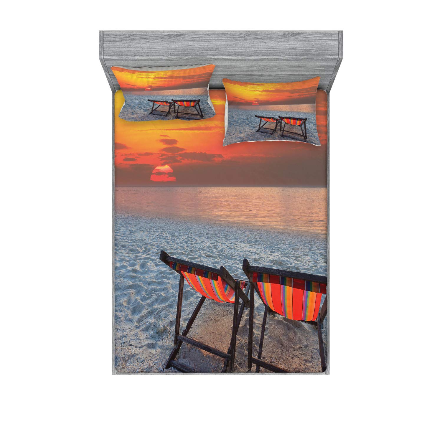 Ambesonne Seaside Fitted Sheet & Pillow Sham Set - Colorful Beach Sunset Design with Couples Chairs, 3-Piece Printed Bedding Set in Orange, Red & Grey - Perfect for Coastal Themed Bedrooms, Guest Rooms & Vacation Homes