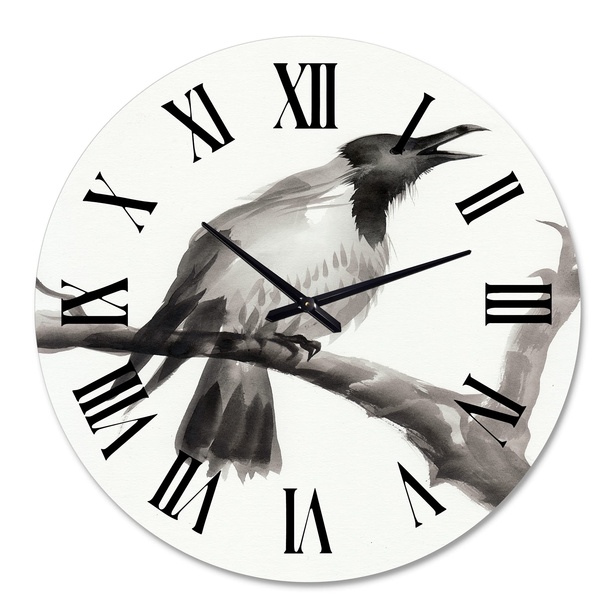 DesignQ Traditional Large Wall Clock - Crying Crow on Branch Animal Theme for Living Room, Bedroom, Office Decor | Silent Non-Ticking Home Wall Art