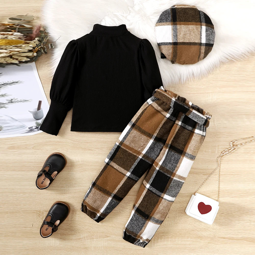 18M-6Y Girls Autumn Outfit Set - Solid Color Puff Sleeve Top + Bow Plaid Pants + Hat 3-Piece Fashion Ensemble | Perfect for Fall Festivals, Photo Shoots & Special Occasions