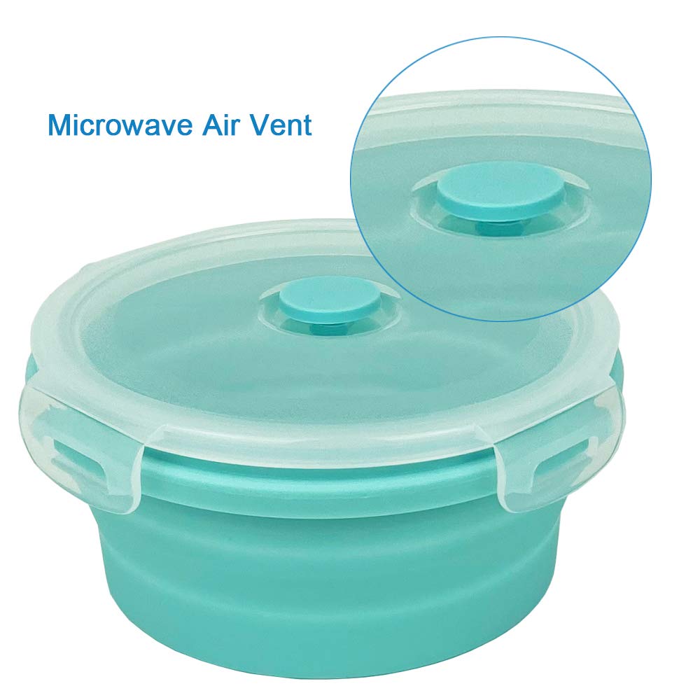 Collapsible Silicone Food Storage Bowls with Airtight Lids - 2 Pack 350ml Travel Camping Bowls & Dish Sponges Set (Blue) | Perfect for Camping, Hiking, Picnics & Outdoor Adventures