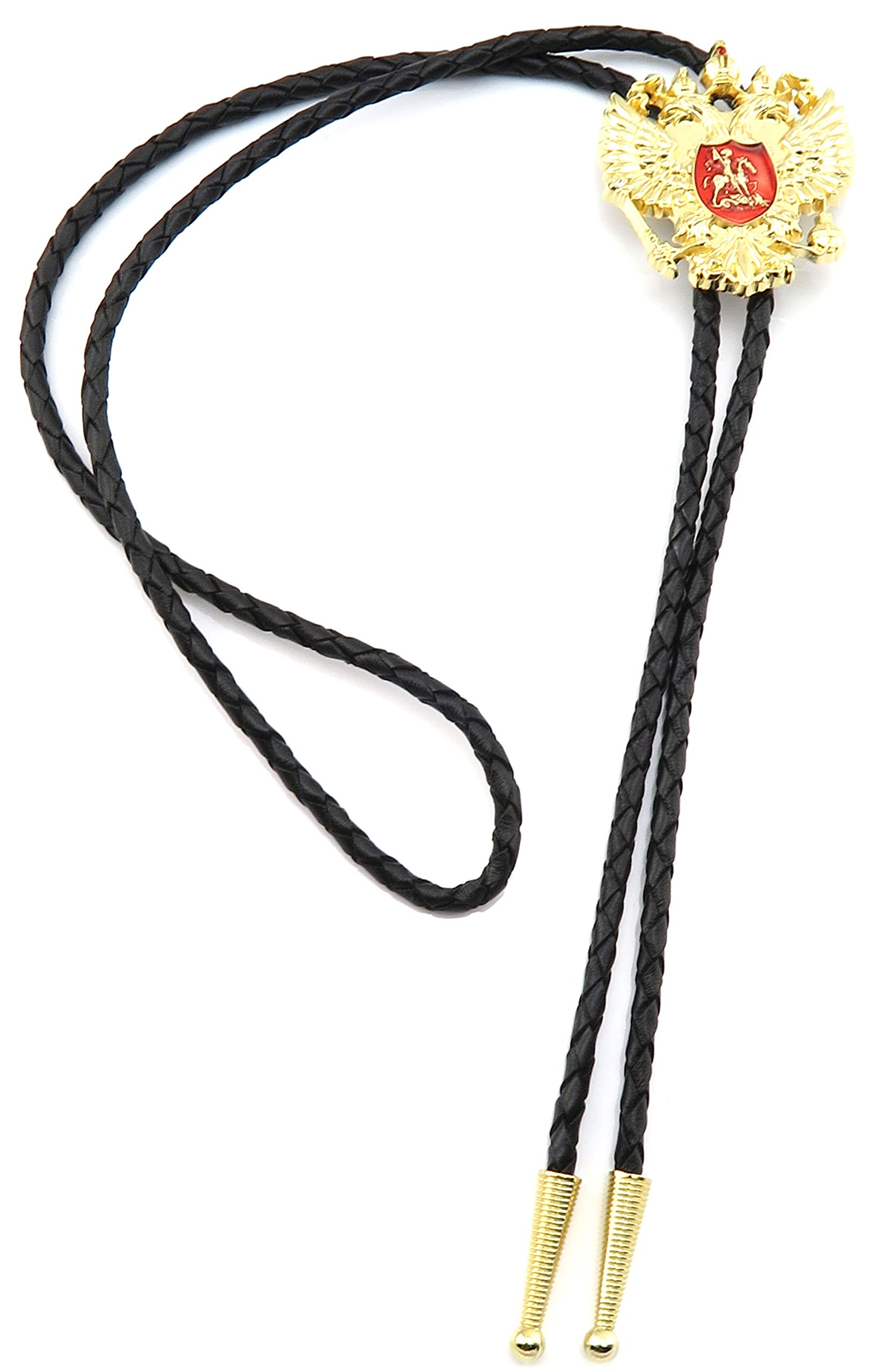 Russian Double-Headed Eagle Gold Plated Western Leather Bolo Tie Necklace for Men - Perfect for Cowboy, Western, and Vintage Fashion Enthusiasts