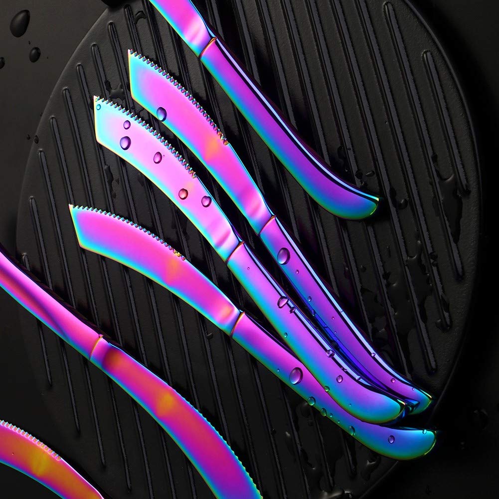 6-Piece Rainbow Steak Knife Set - Premium Serrated Stainless Steel Kitchen Knives for Steak, Dishwasher Safe Flatware Utensils - Perfect for BBQ, Dinner Parties & Restaurant Use