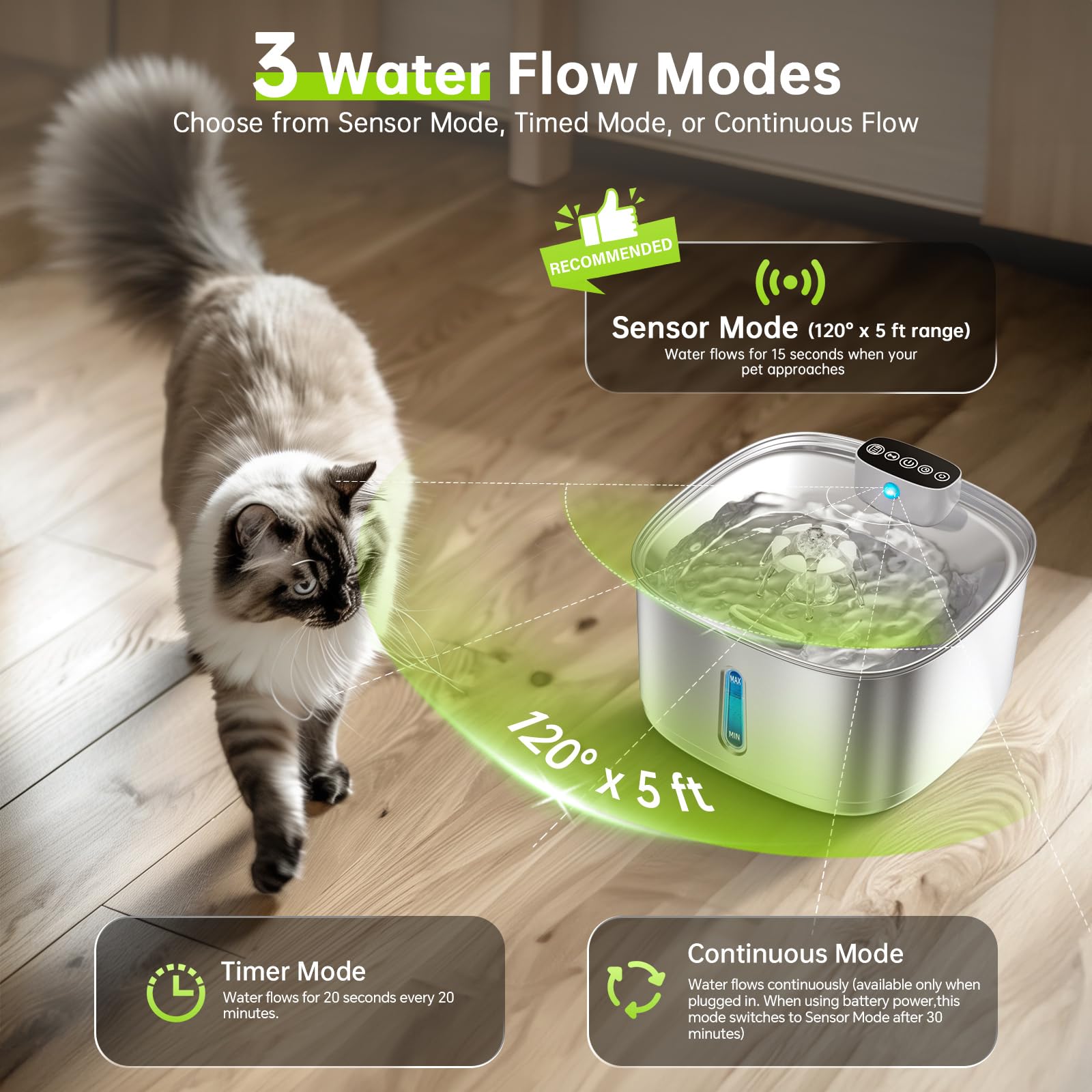 Stainless Steel Cat Water Fountain Wireless - 108oz/3.2L Cordless Pet Fountain with 4000mAh Battery, Motion Sensor & 3 Modes, Ultra Quiet Automatic Water Dispenser for Cats, Dogs, and Small Pets | Indoor Home Use for Hydration & Pet Health