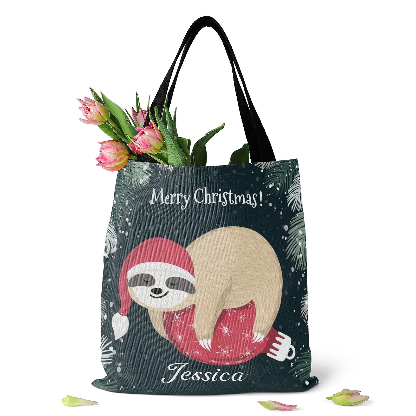 Sloth Christmas Tote Bag - Personalized Canvas Shoulder Bag for Shopping & Travel