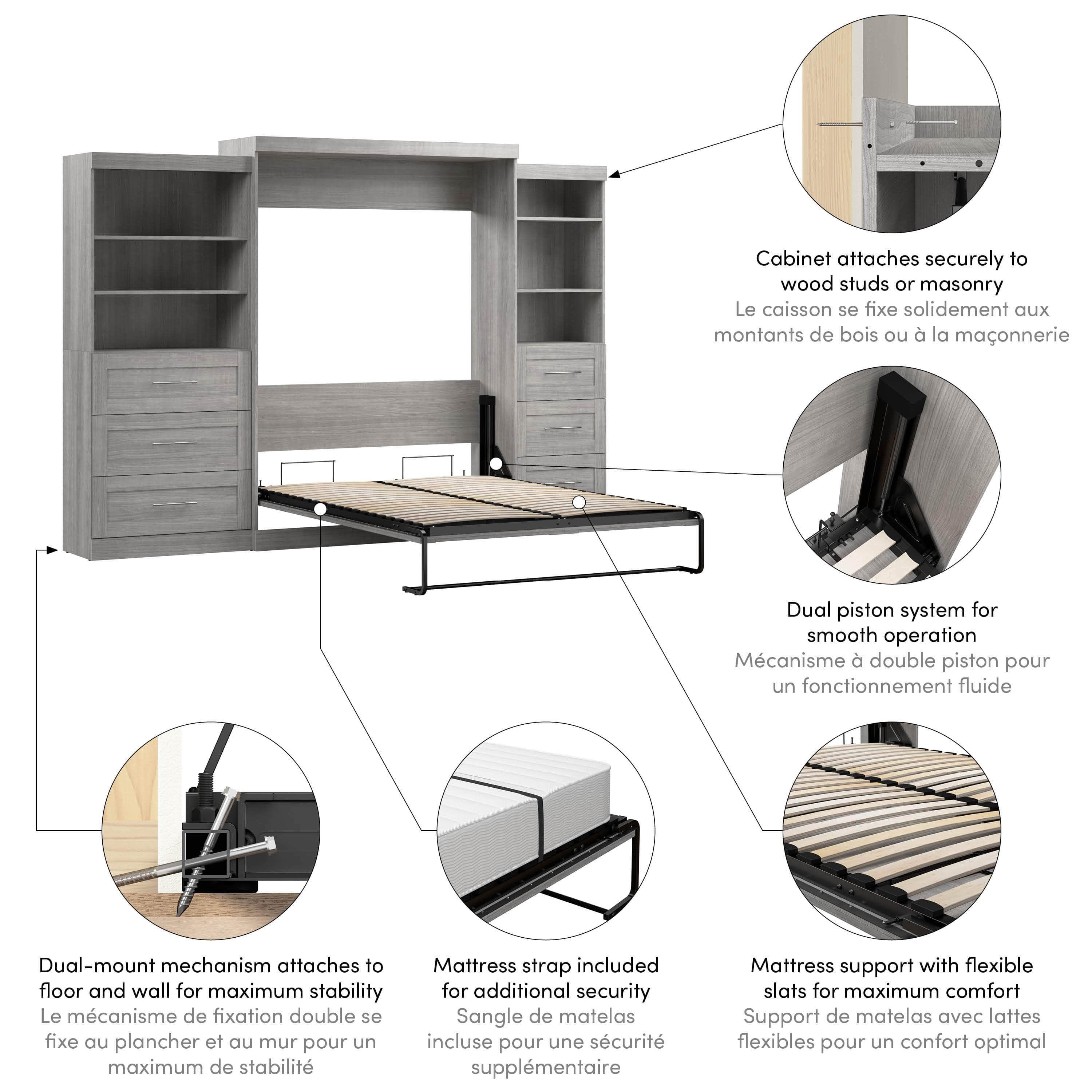 Pur Queen Murphy Wall Bed with 2 Storage Units & Drawers (126