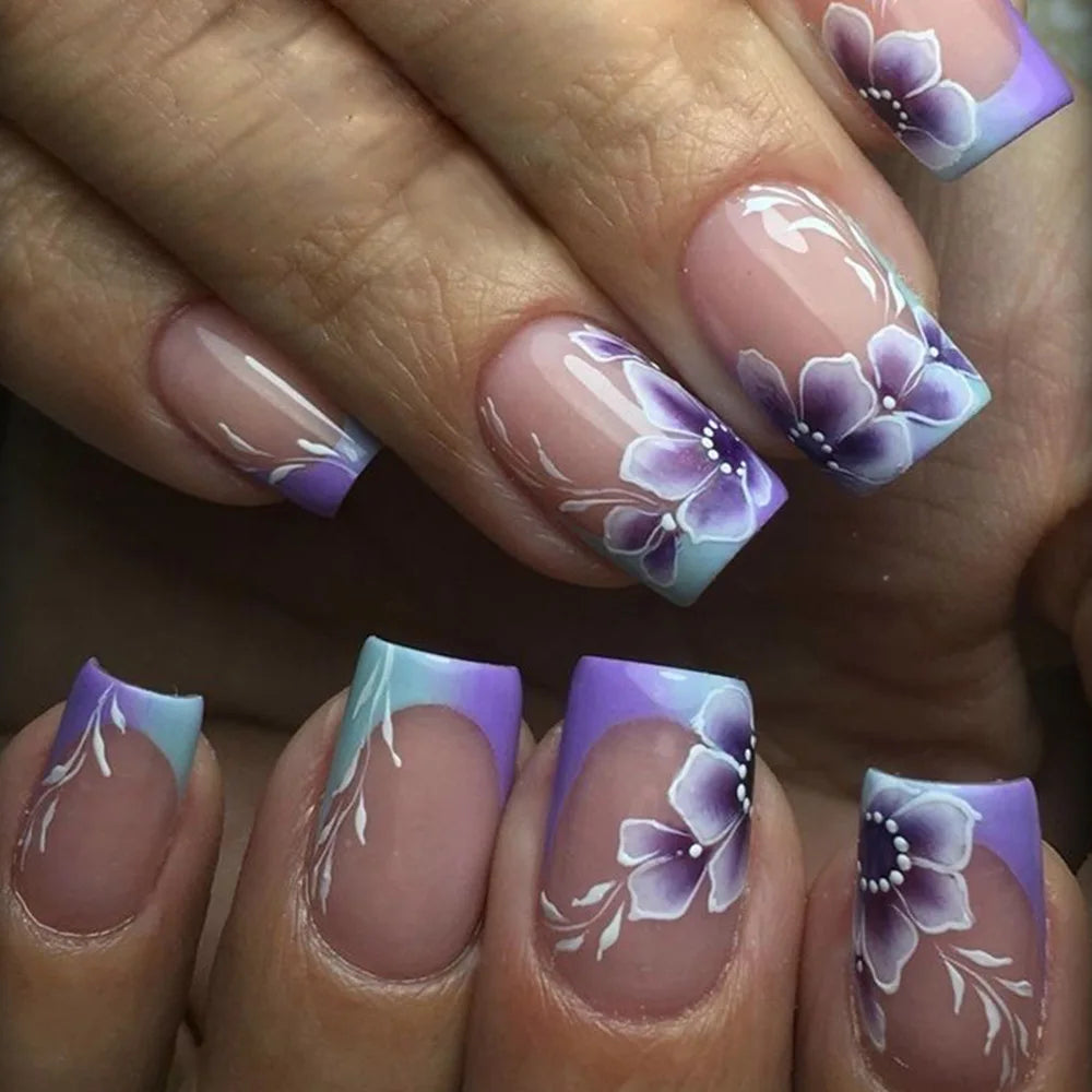 24Pcs White Square Press on Nails - French Ink Wash Design False Nails Set, Short Fashion Fake Nails with Adhesive for Women, Perfect for Daily Wear, Parties, Weddings and Special Occasions