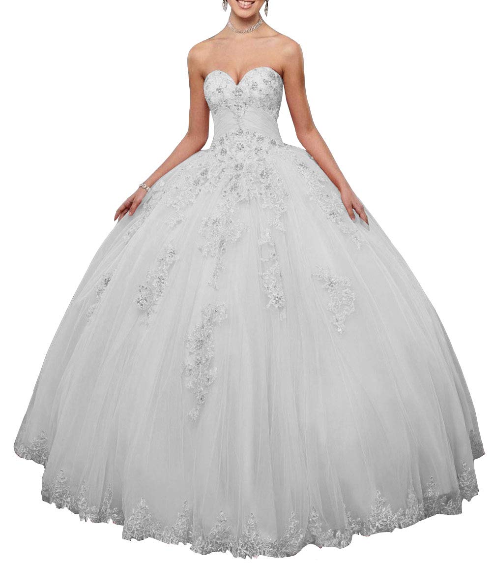 Emmani Women's Sweetheart Quinceañera Dress with Lace Appliques - Princess Prom Party Gown in White for Quinceañera, Prom, Wedding & Special Occasions