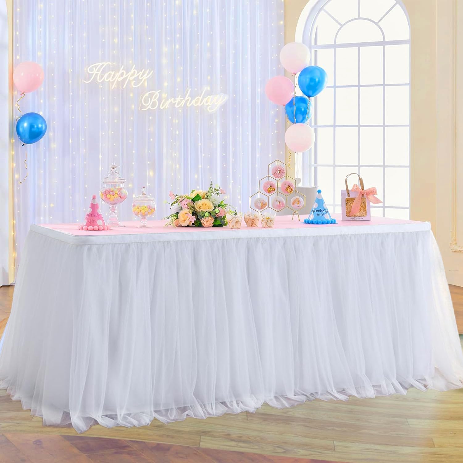 Albassa White Tulle Table Skirt with LED Lights - 9ft Tutu Tablecloth for Rectangle/Round Tables (30in Height) - Perfect for Baby Showers, Birthday Parties, Cake & Dessert Table Decorations - Elegant Wedding, Bridal Shower, Anniversary & Holiday Party Decor