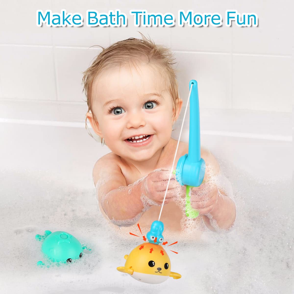 KINDIARY Magnetic Fishing Game for Kids - Baby Bath Toys with Wind-Up Swimming Whales, Fun Educational Pool Toys for Toddlers (Blue/Yellow) - Perfect for Bath Time, Pool Parties & Early Learning Activities