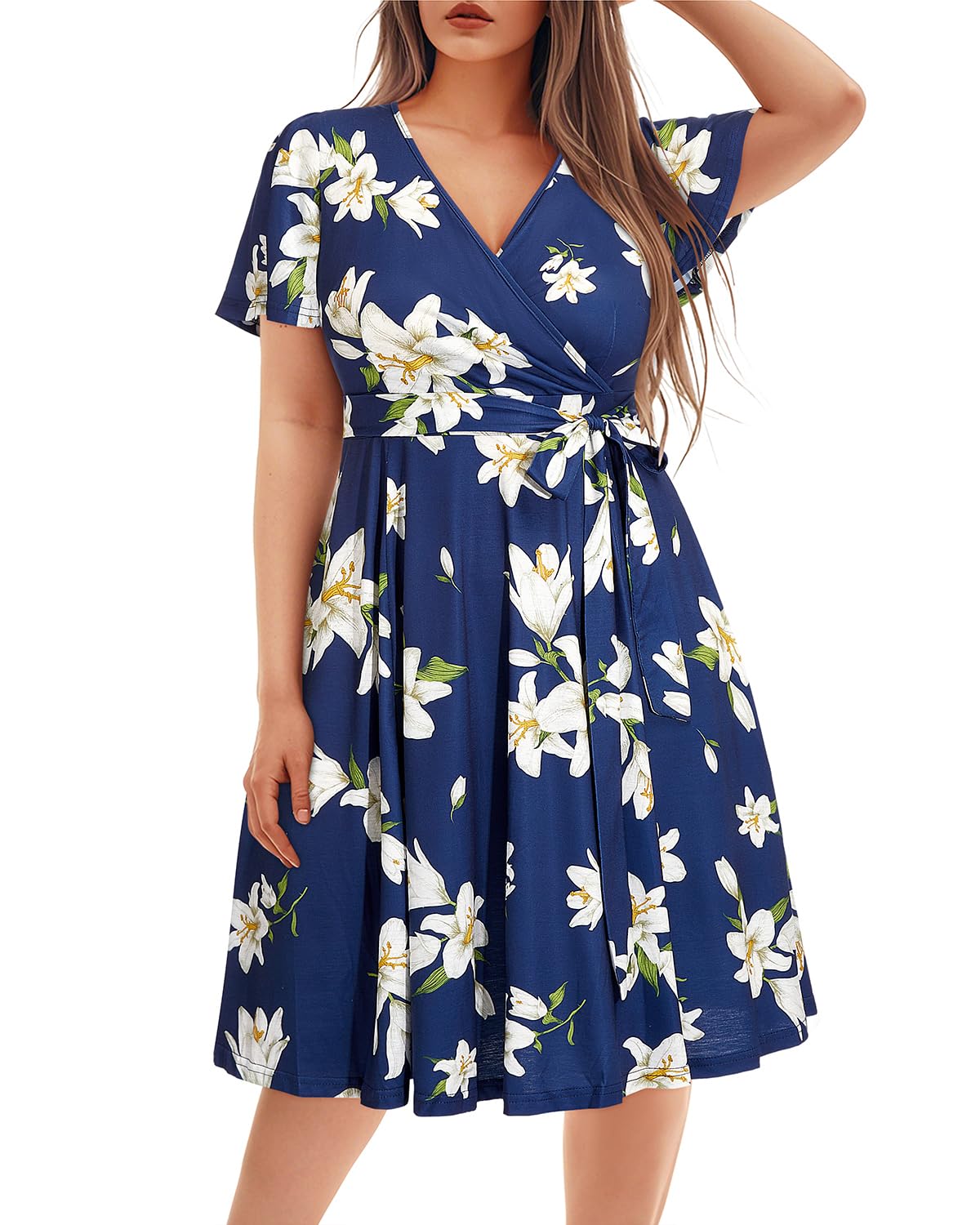 Plus Size Pinup Fashion Women's Cocktail Dress for Wedding Guest - Semi Formal Wrap Empire Waist Midi Dress | Perfect for Parties, Date Nights & Special Occasions