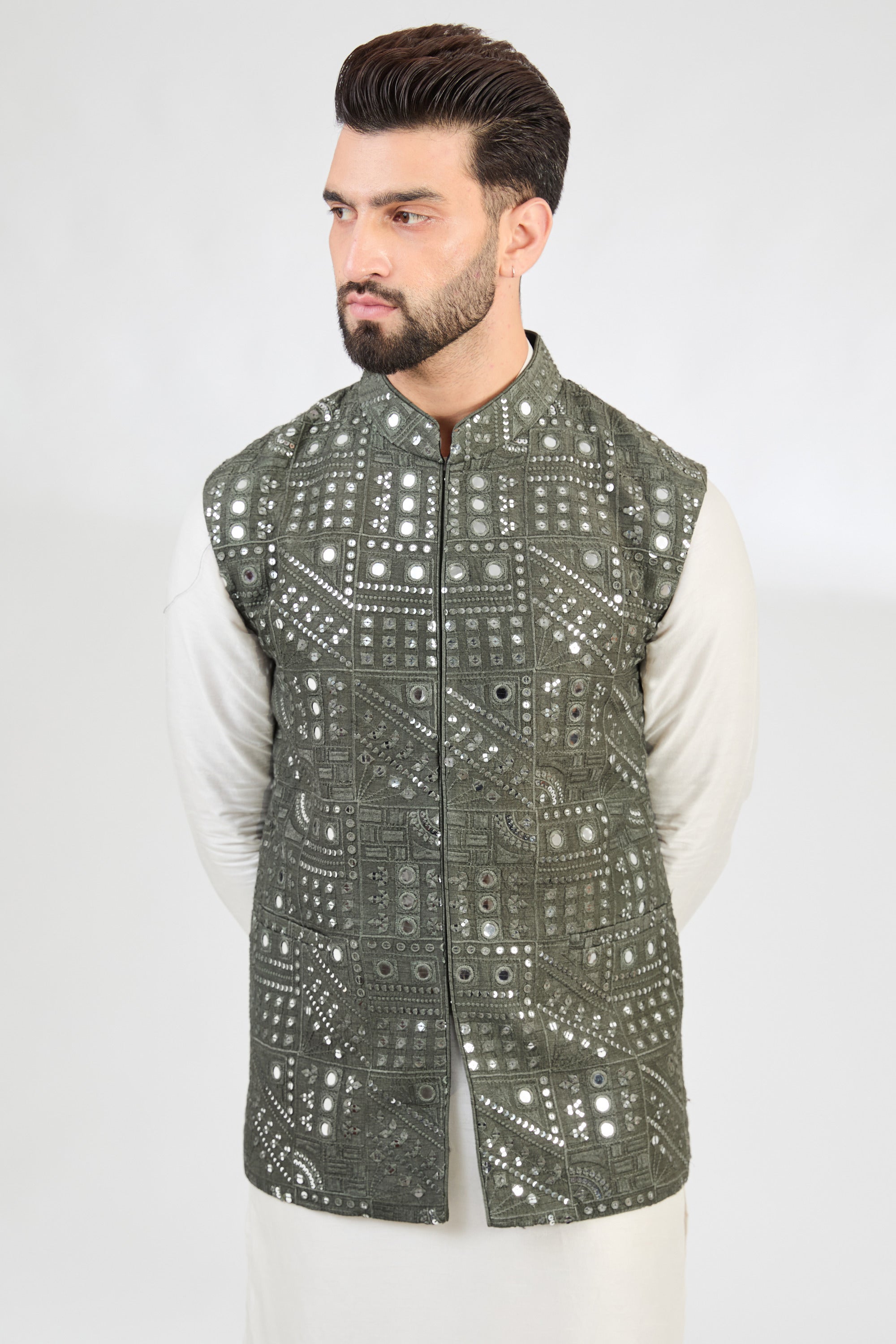 Military Green Abstract Mirror Work Jacket - Stylish & Durable Outerwear for Men & Women | Perfect for Outdoor Adventures, Casual Wear & Street Fashion