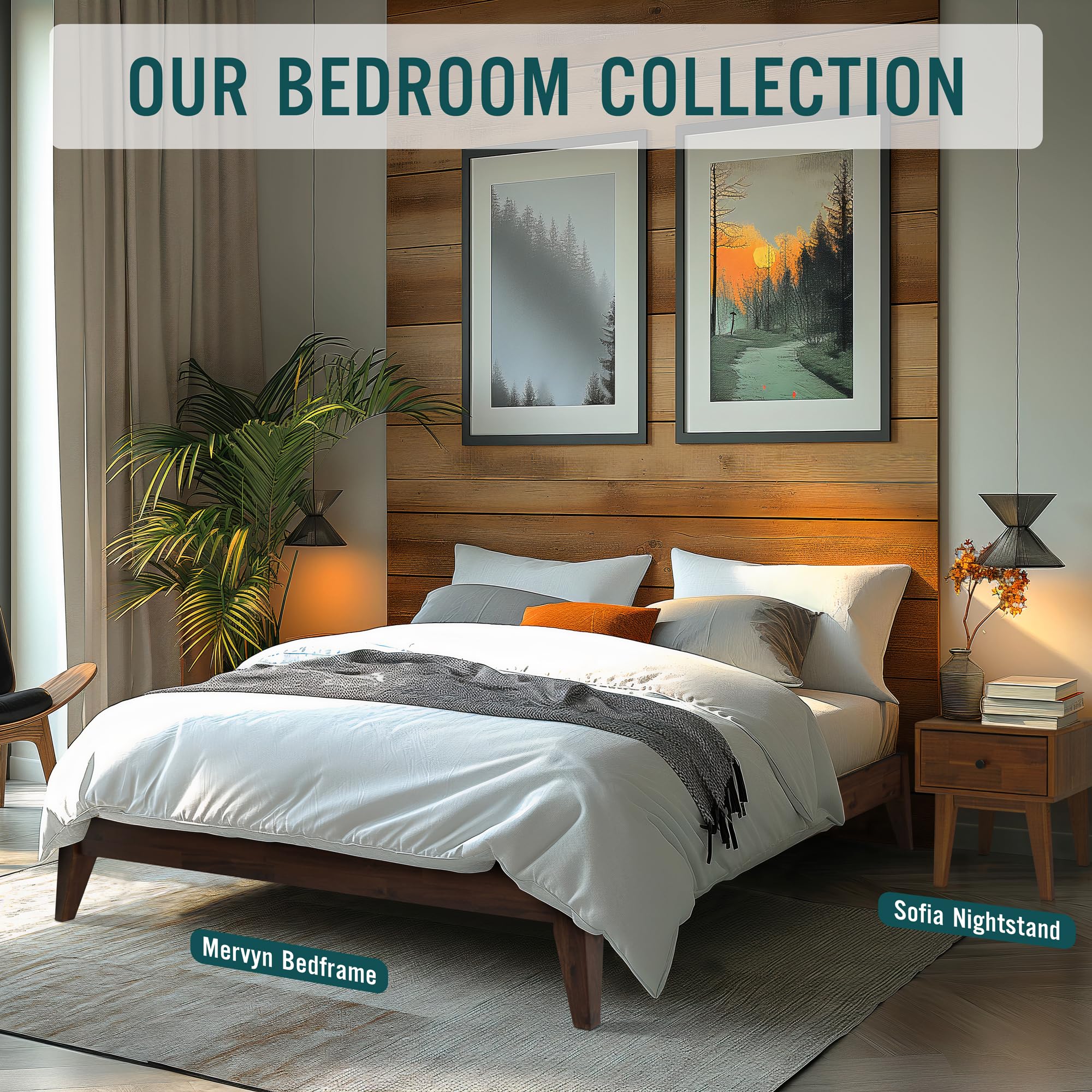 Acacia Mervyn Queen Bed Frame - Solid Wood Platform Bed with 800 lbs Capacity | Mid Century Modern Design | Compatible with All Mattress Types | Easy 30-Minute Assembly | Chocolate Finish | Perfect for Master Bedrooms, Guest Rooms & Modern Apartments