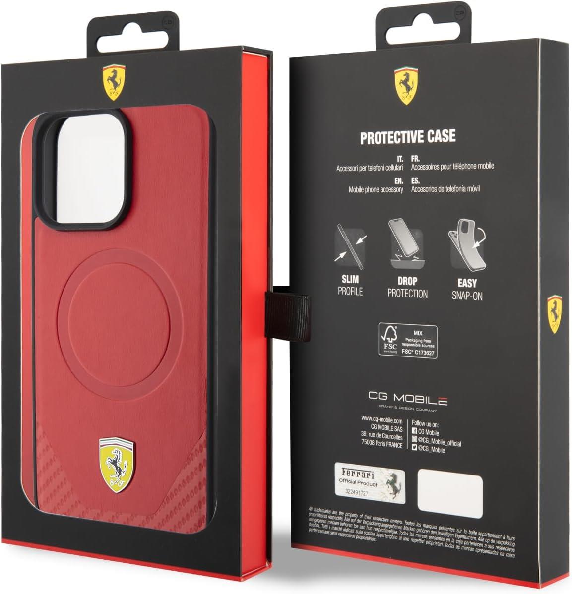 Ferrari Carbon Fiber Hard Case with Metal Logo & MagSafe Compatible for iPhone 15 Pro Max 6.7